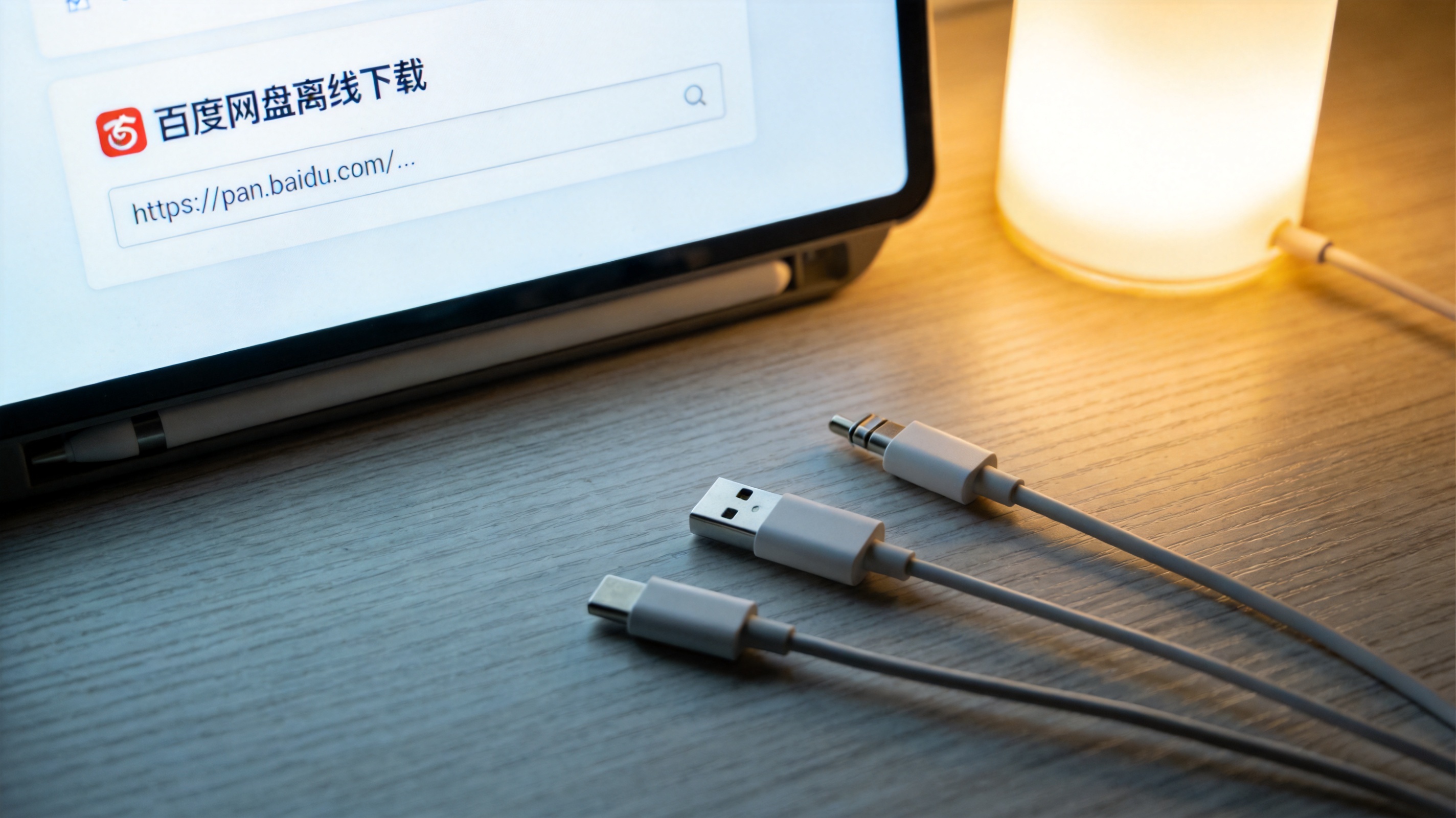 电脑屏幕显示百度网盘离线下载页面，输入框内有文件链接，桌面散落着数据线，台灯暖光