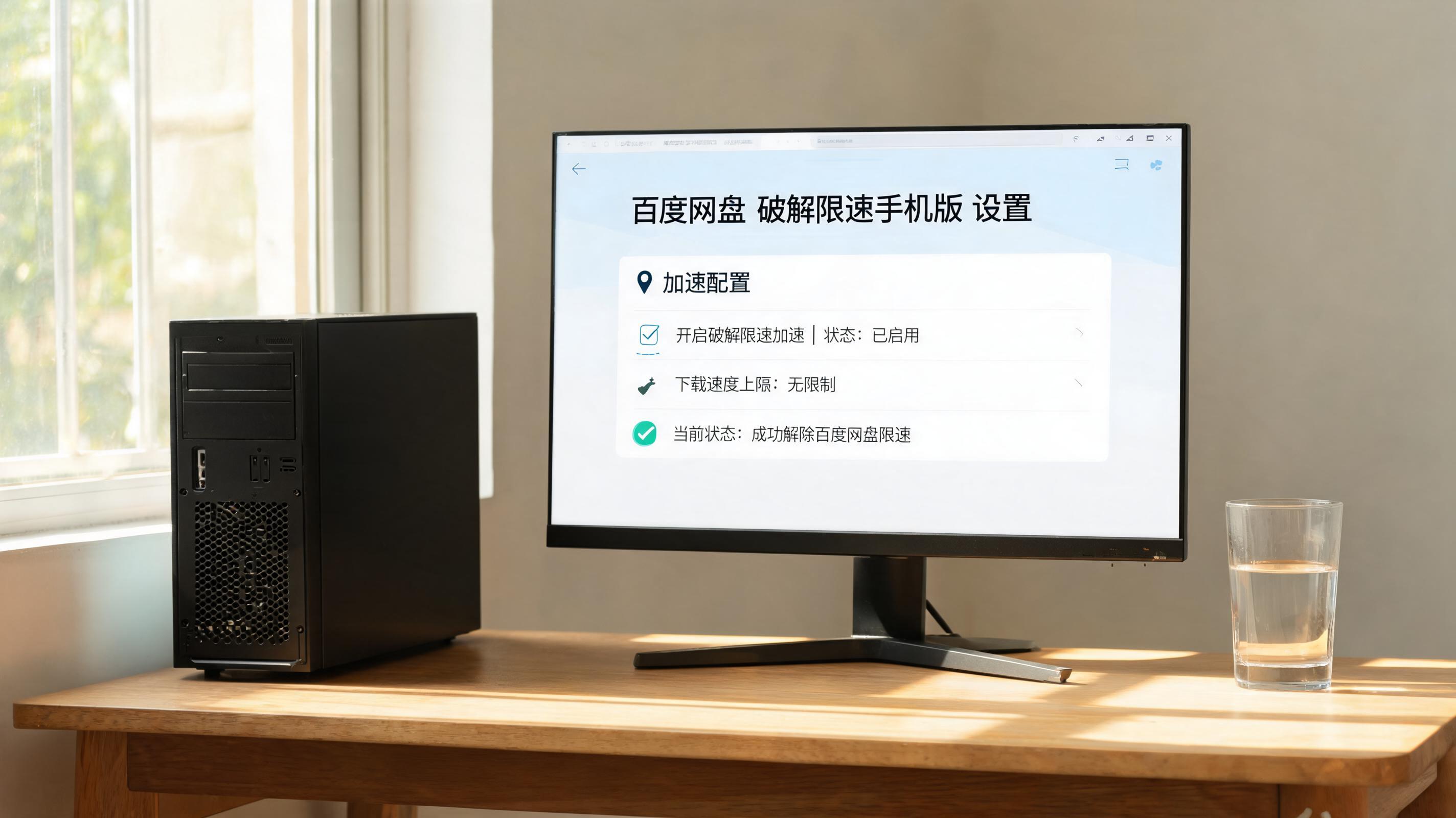 书桌上的主机，屏幕显示百度网盘破解限速手机版设置界面，桌角放着水杯，自然光