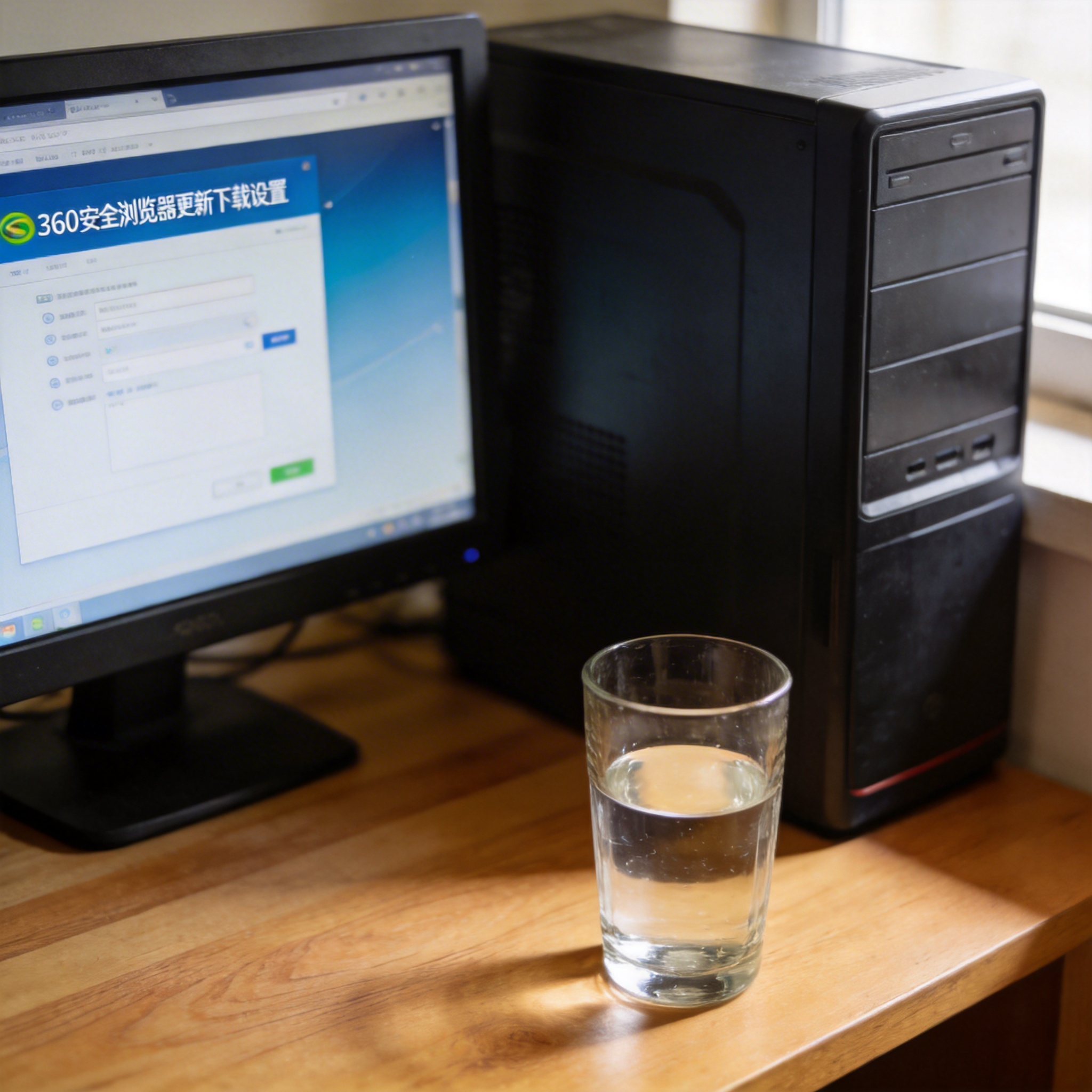 书桌上的主机，屏幕显示360 安全浏览器更新下载设置界面，桌角放着水杯，自然光