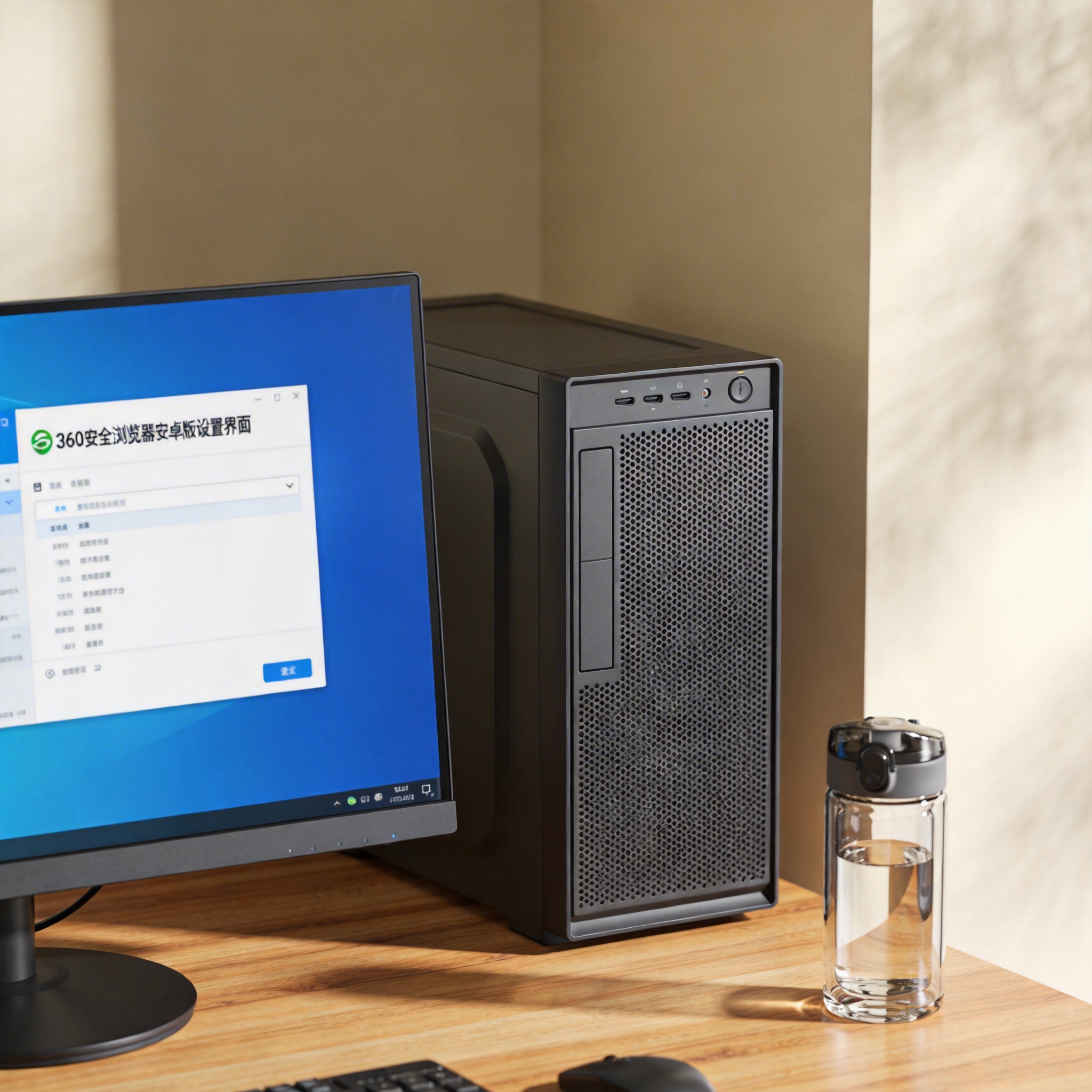 书桌上的主机，屏幕显示360 安全浏览器安卓版设置界面，桌角放着水杯，自然光