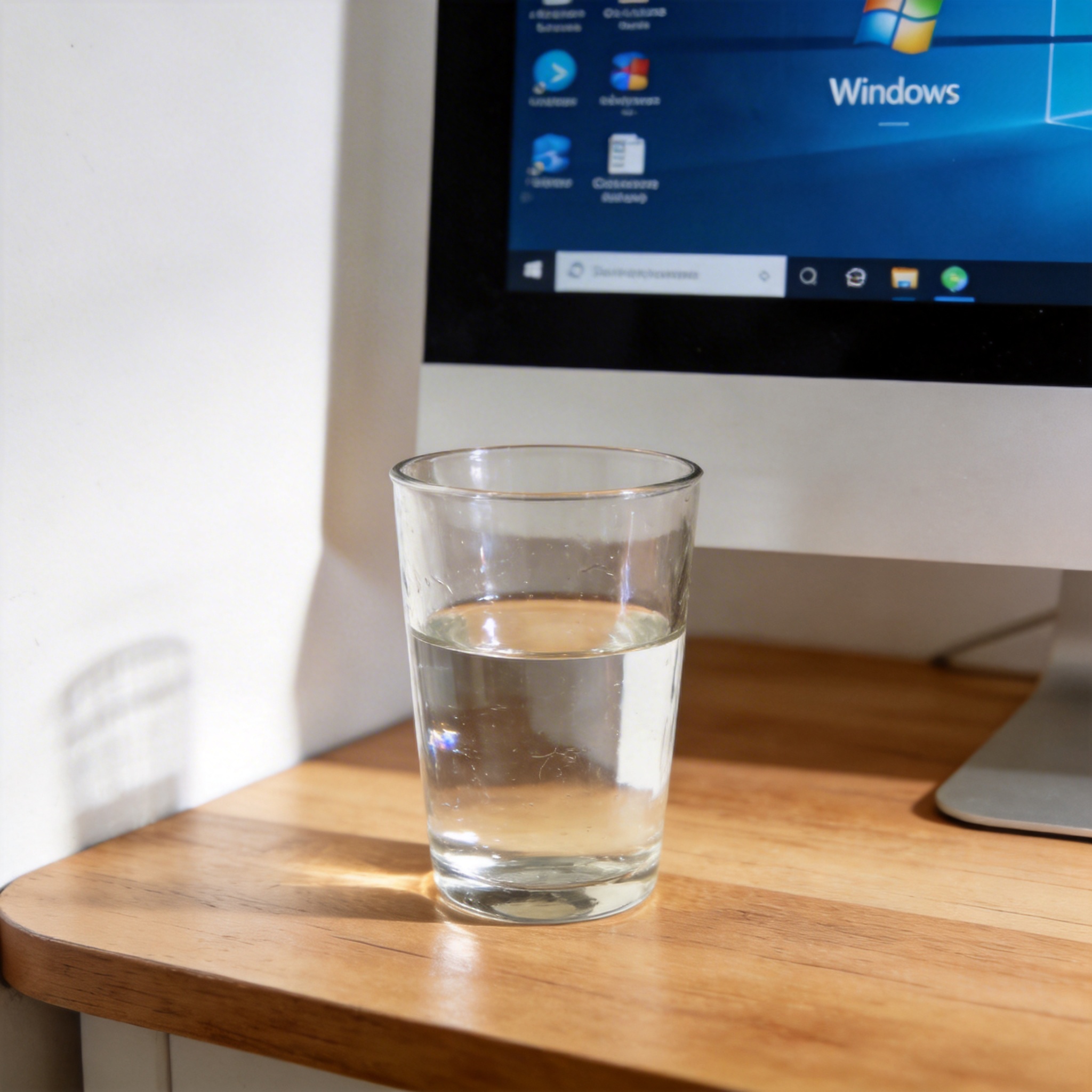 书桌上的电脑，屏幕显示Windows设置界面，桌角放着水杯，自然光