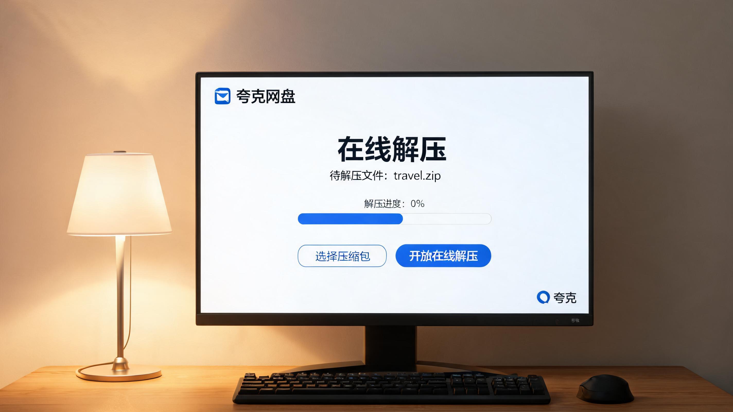 电脑桌上的电脑，屏幕显示夸克网盘文件在线解压界面，旁边放着台灯