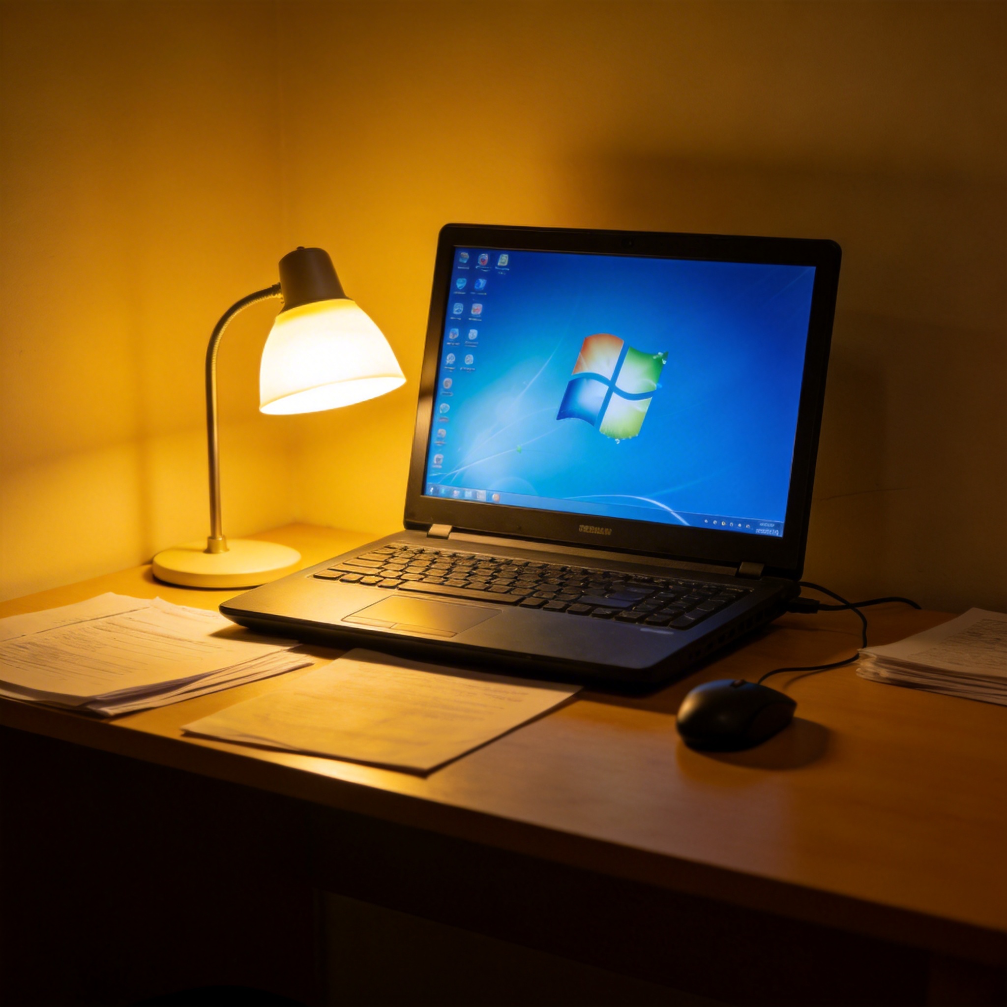 电脑桌上的电脑，屏幕显示Windows界面，旁边放着台灯