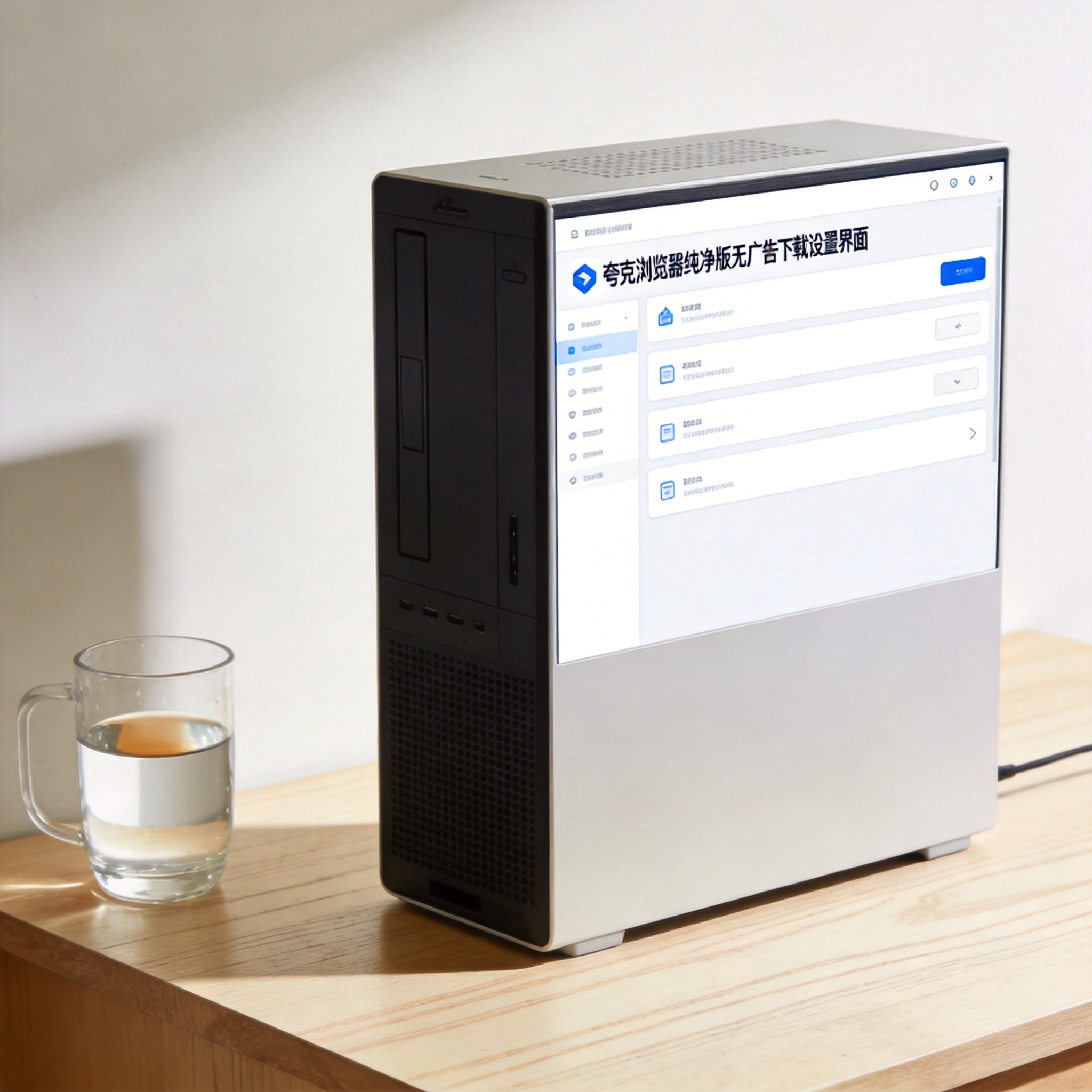 书桌上的主机，屏幕显示夸克浏览器纯净版无广告下载设置界面，桌角放着水杯，自然光
