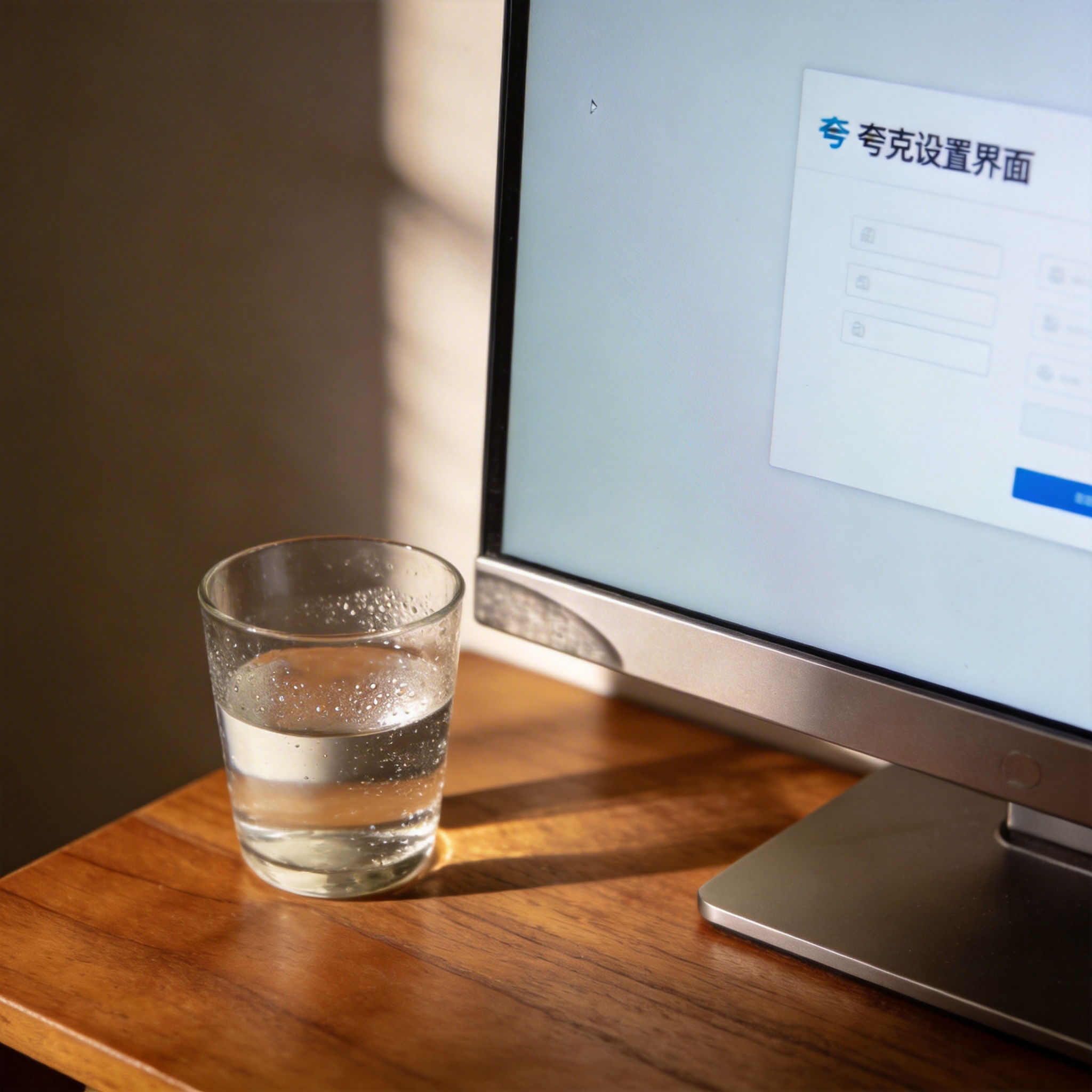 书桌上的主机，屏幕显示夸克设置界面，桌角放着水杯，自然光