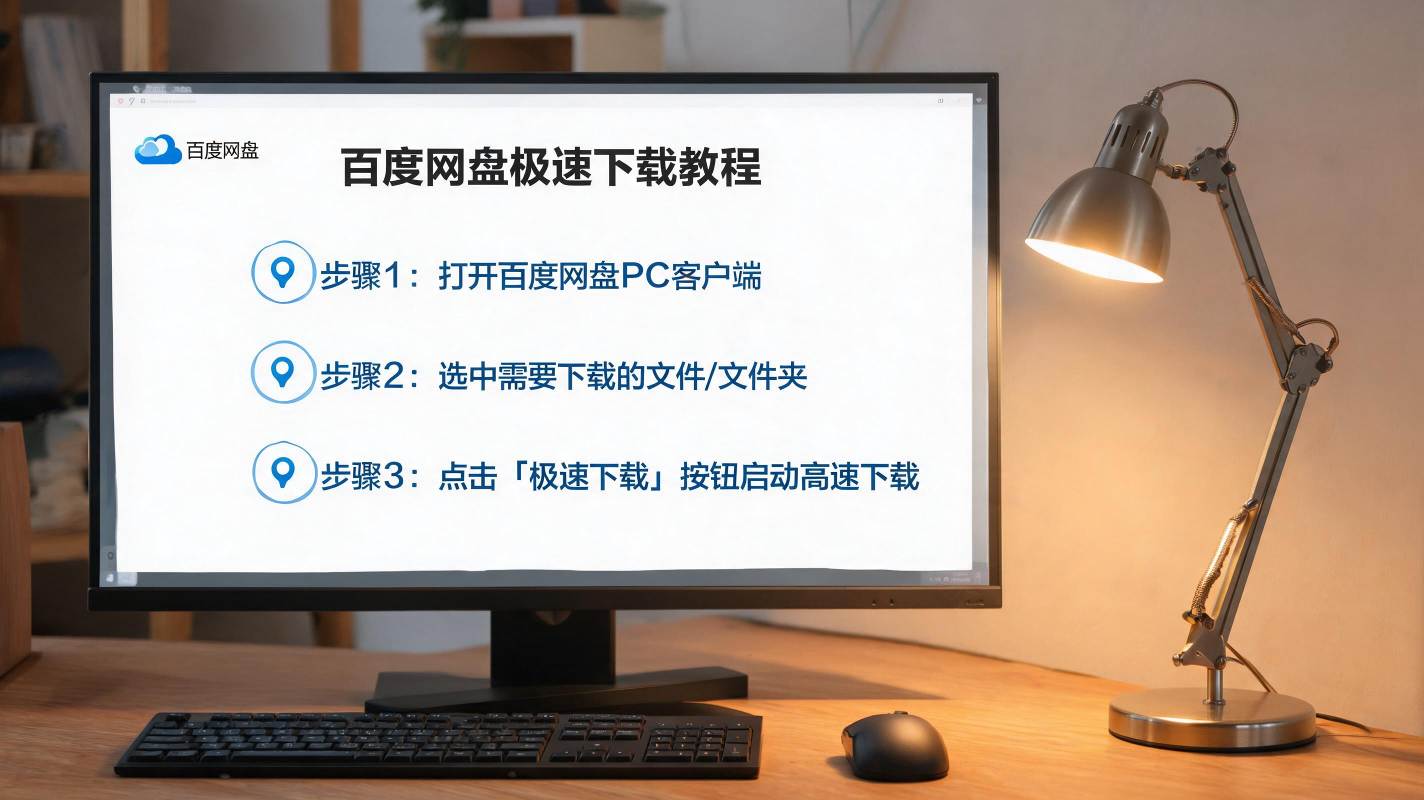 电脑桌上的电脑，屏幕显示百度网盘极速下载教程界面，旁边放着台灯
