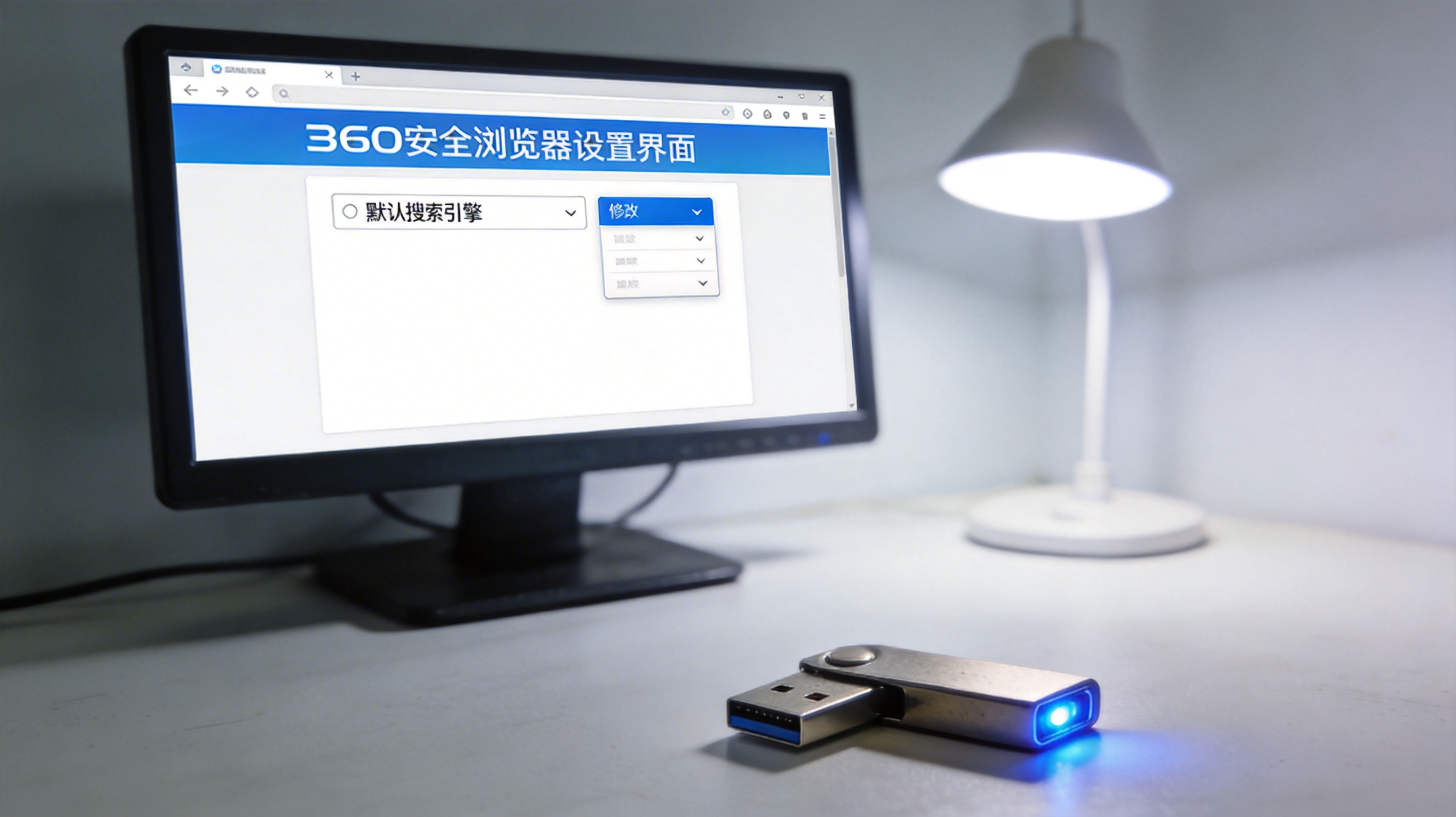 台式机电脑屏幕显示360安全浏览器设置界面，页面上有默认搜索引擎修改选项，桌面角落摆着U盘，台灯冷光