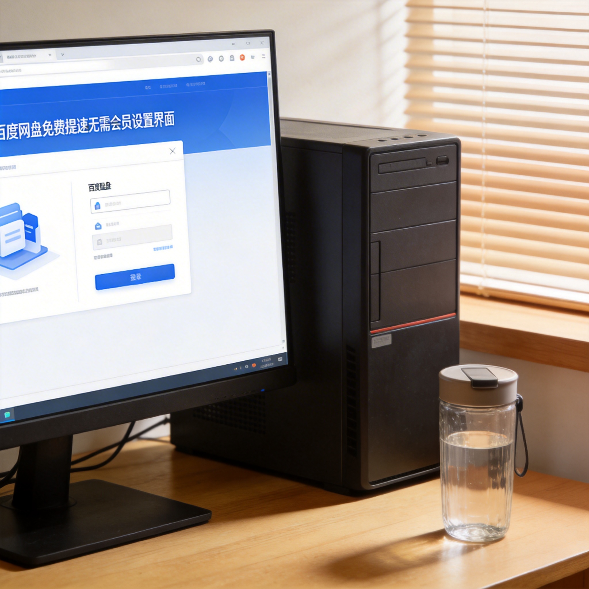 书桌上的主机，屏幕显示百度网盘免费提速无需会员设置界面，桌角放着水杯，自然光