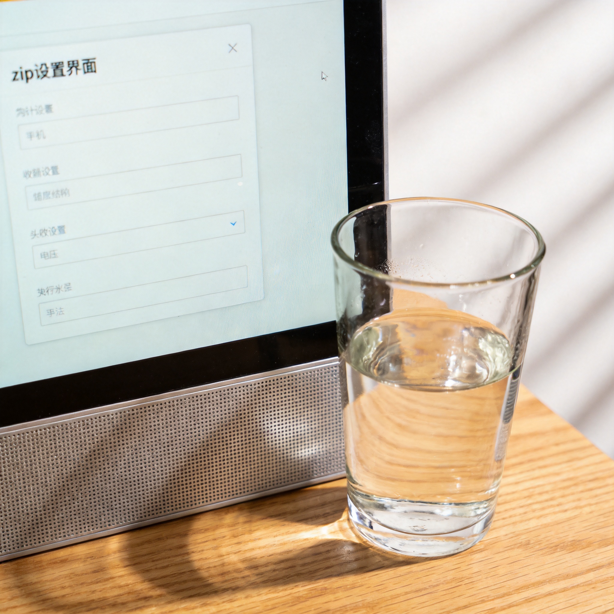 书桌上的主机，屏幕显示zip设置界面，桌角放着水杯，自然光