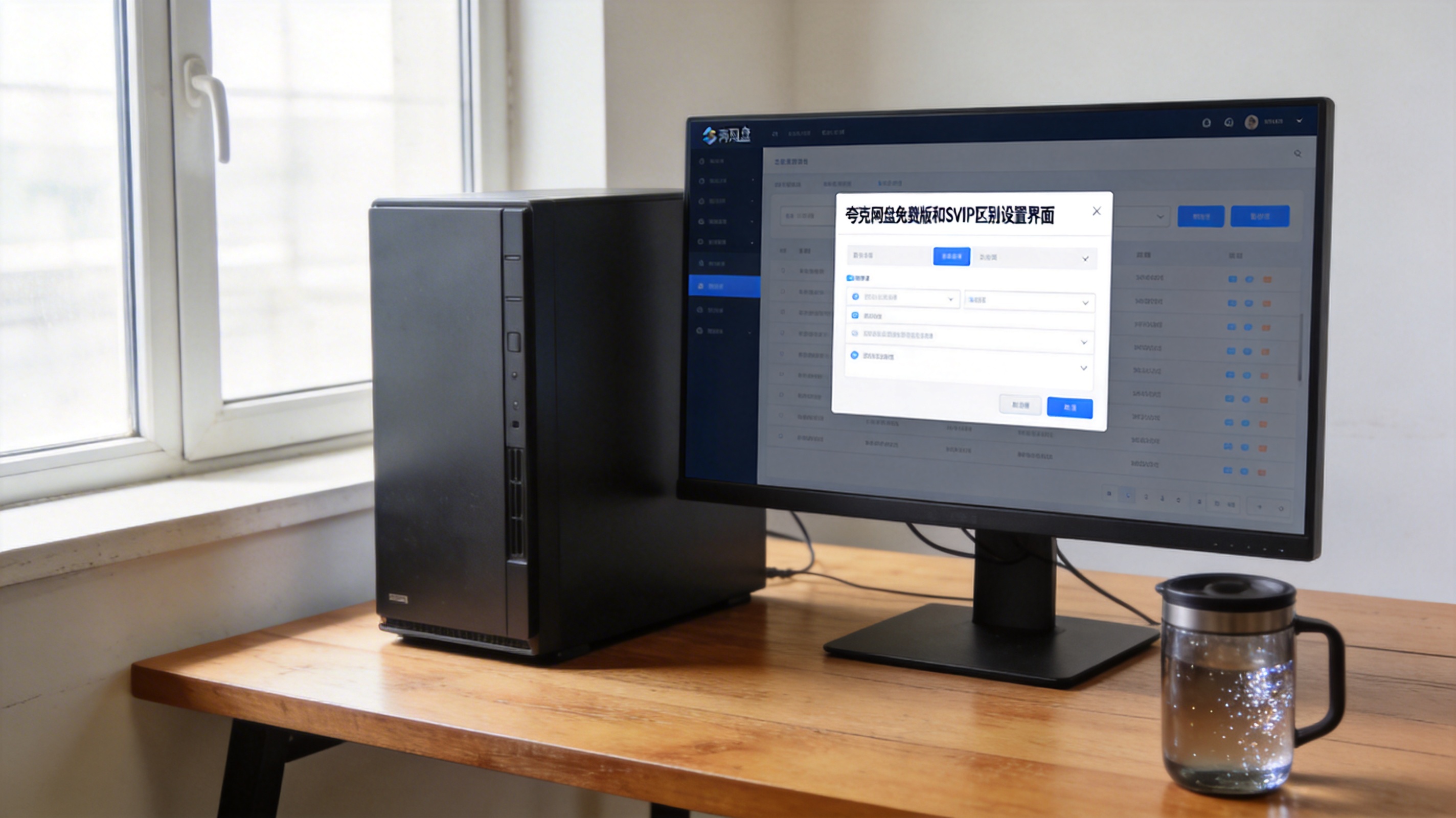 书桌上的主机，屏幕显示夸克网盘免费版和 SVIP 区别设置界面，桌角放着水杯，自然光