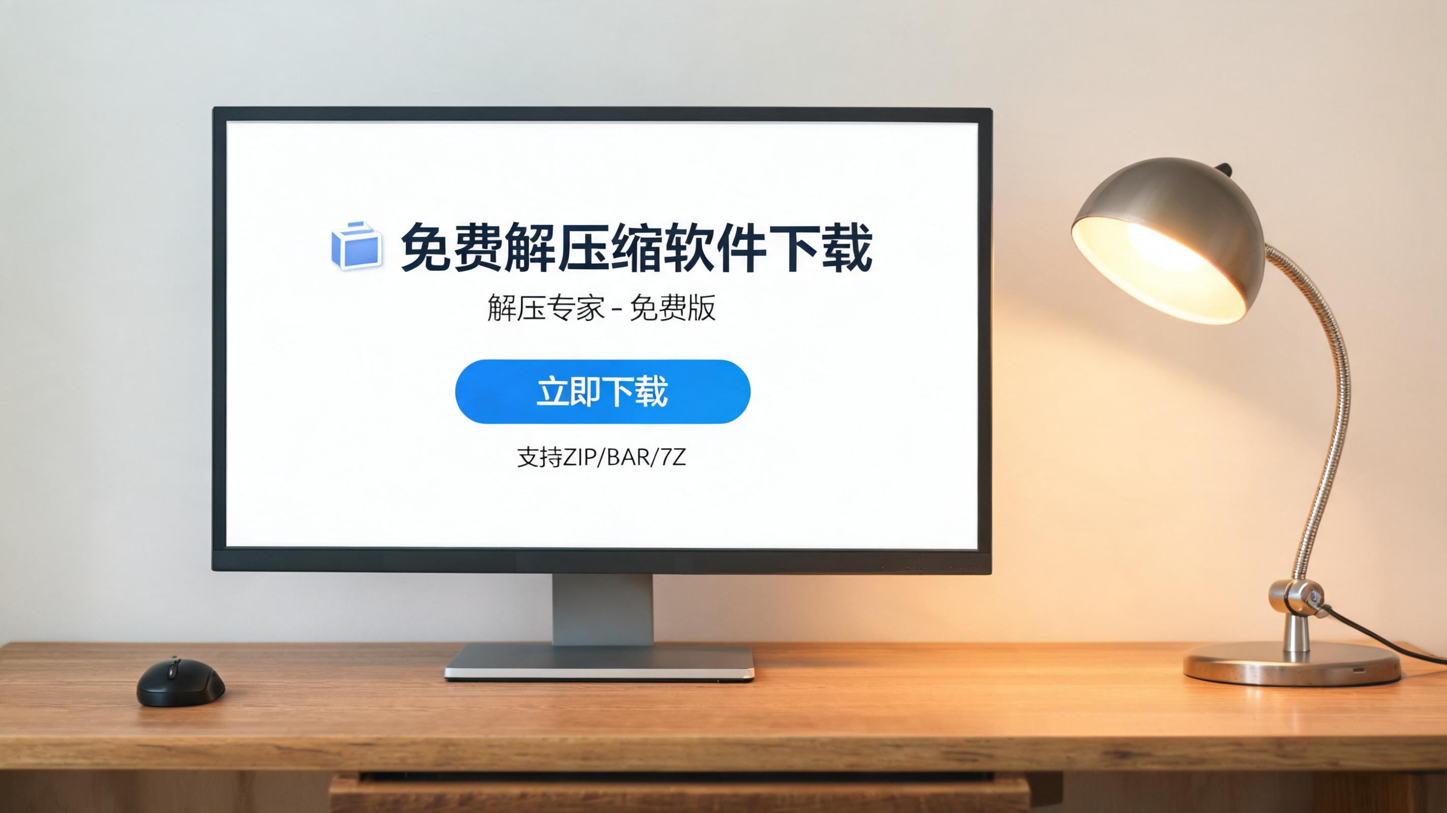 电脑桌上的电脑，屏幕显示解压缩软件免费下载界面，旁边放着台灯