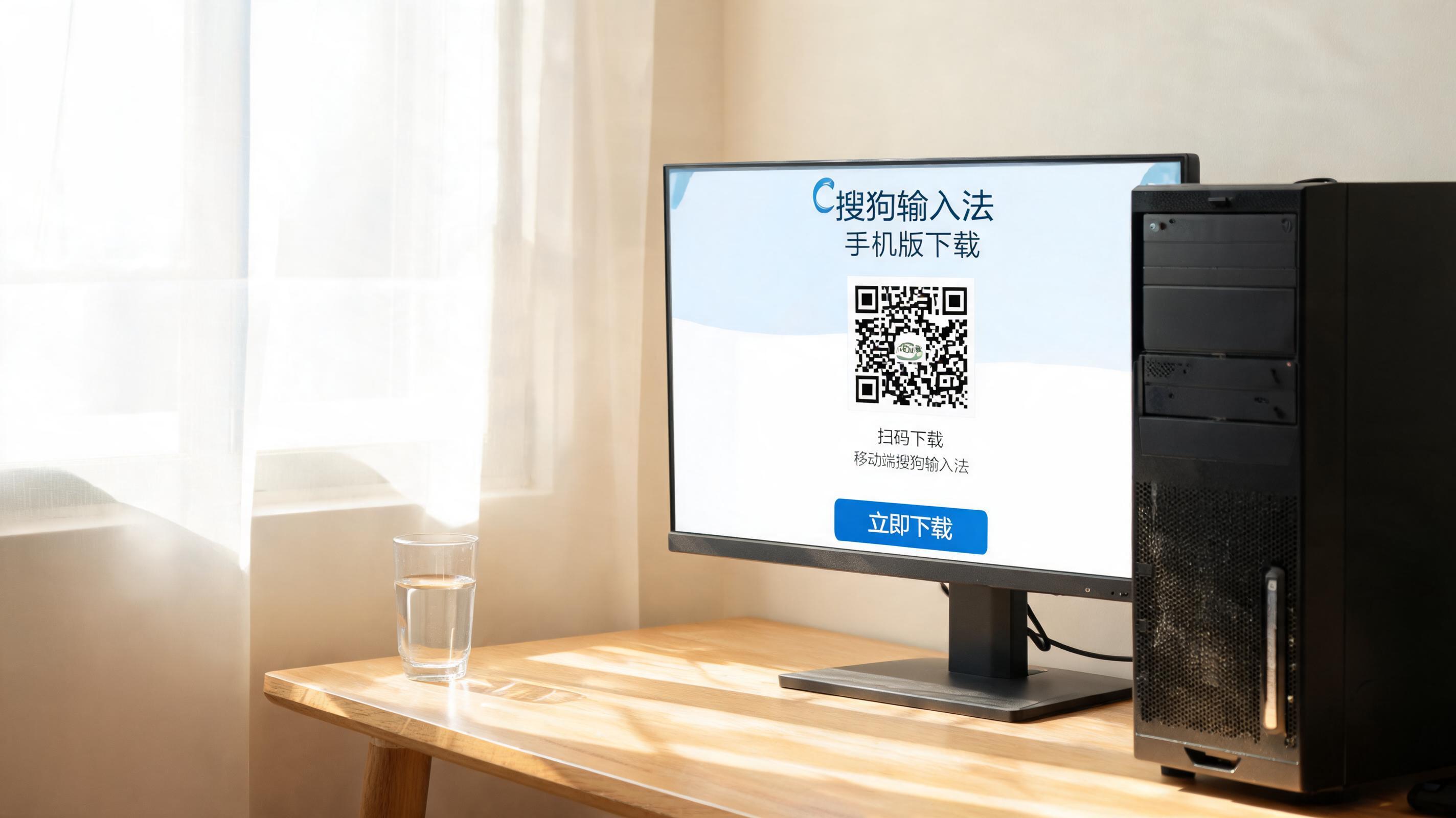 书桌上的主机，屏幕显示移动端搜狗输入法下载设置界面，桌角放着水杯，自然光