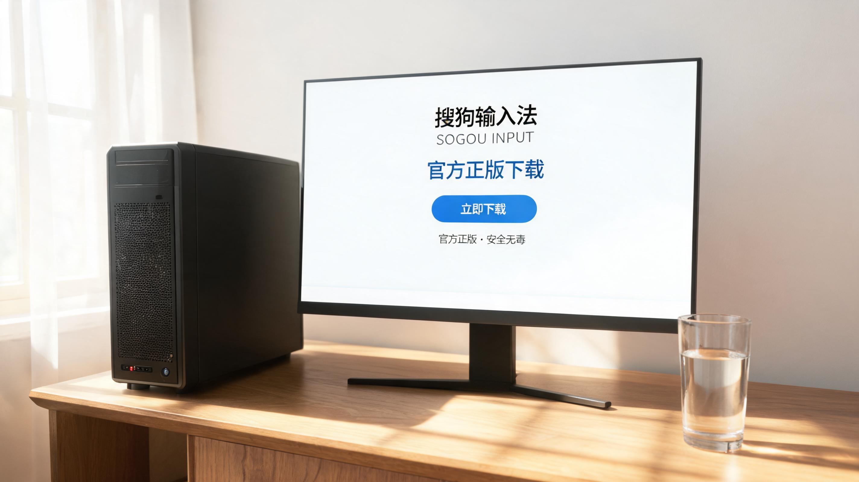 书桌上的主机，屏幕显示搜狗输入法官方正版下载设置界面，桌角放着水杯，自然光
