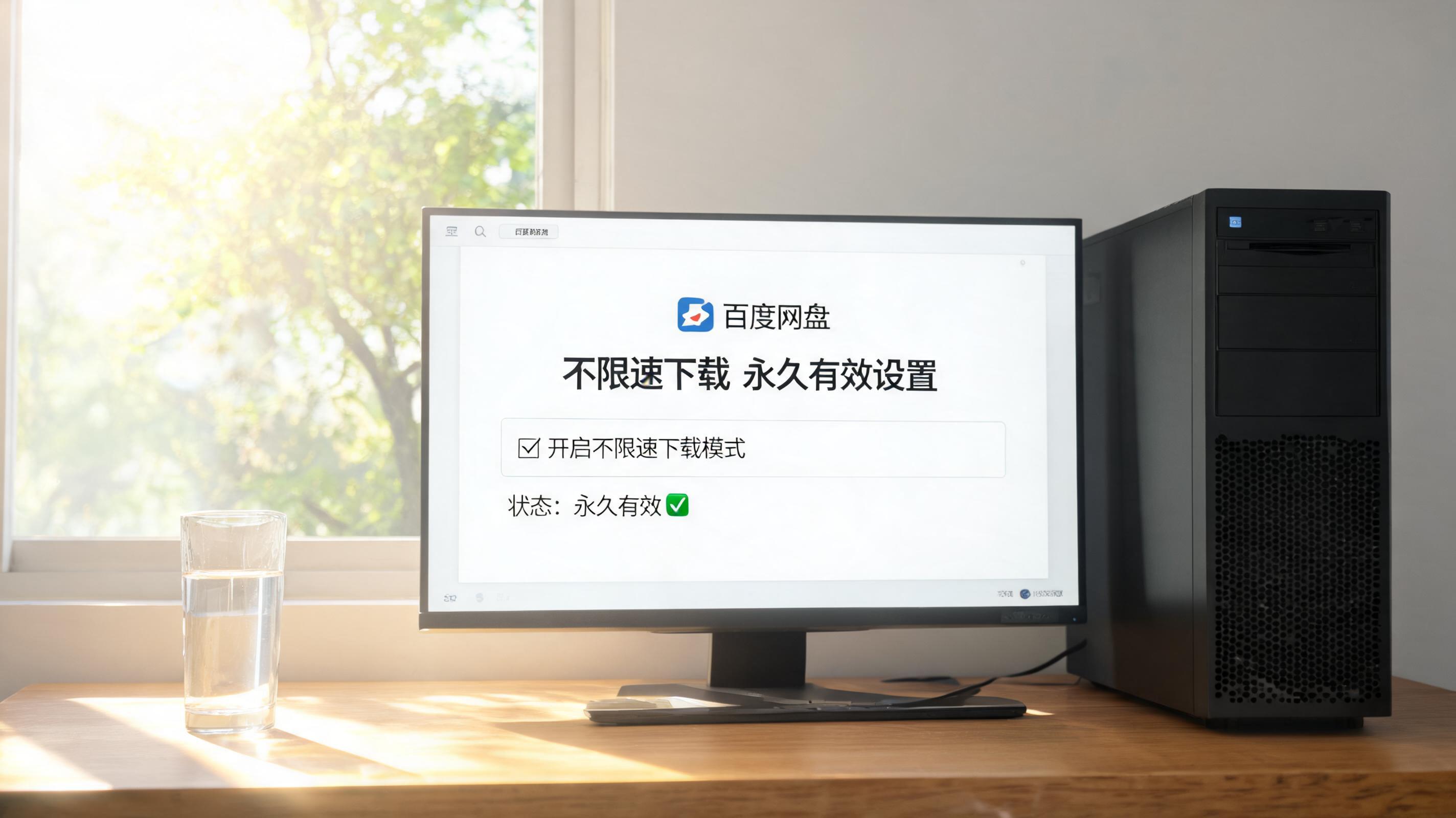 书桌上的主机，屏幕显示百度网盘不限速下载永久有效设置界面，桌角放着水杯，自然光