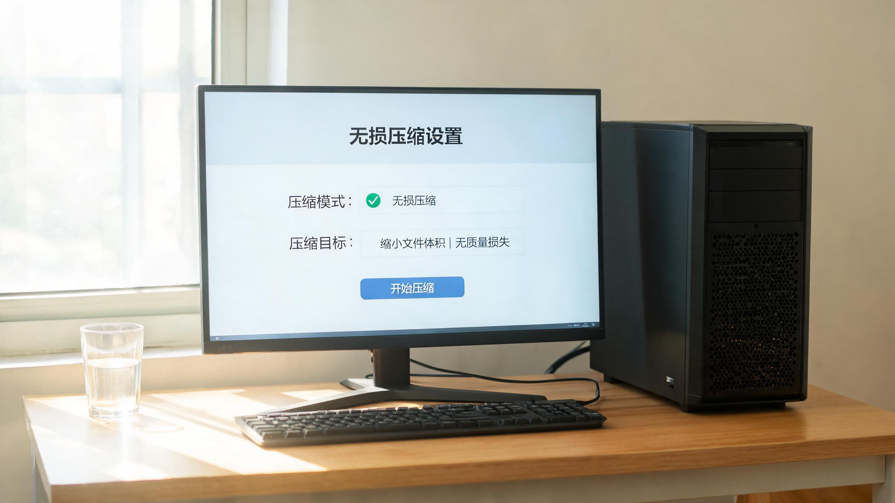 书桌上的主机，屏幕显示压缩文件变小无损压缩设置界面，桌角放着水杯，自然光