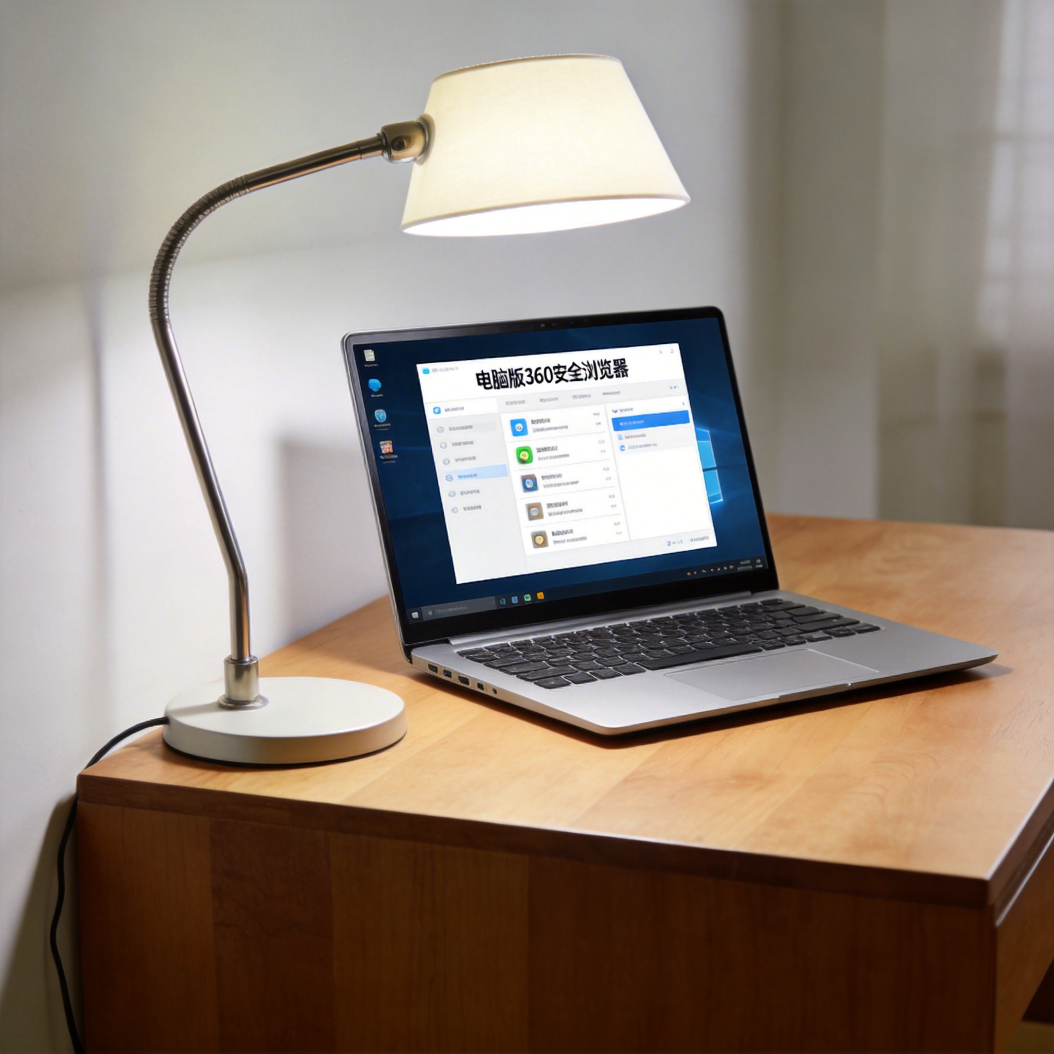 电脑桌上的电脑，屏幕显示电脑版 360 安全浏览器菜单，旁边放着台灯
