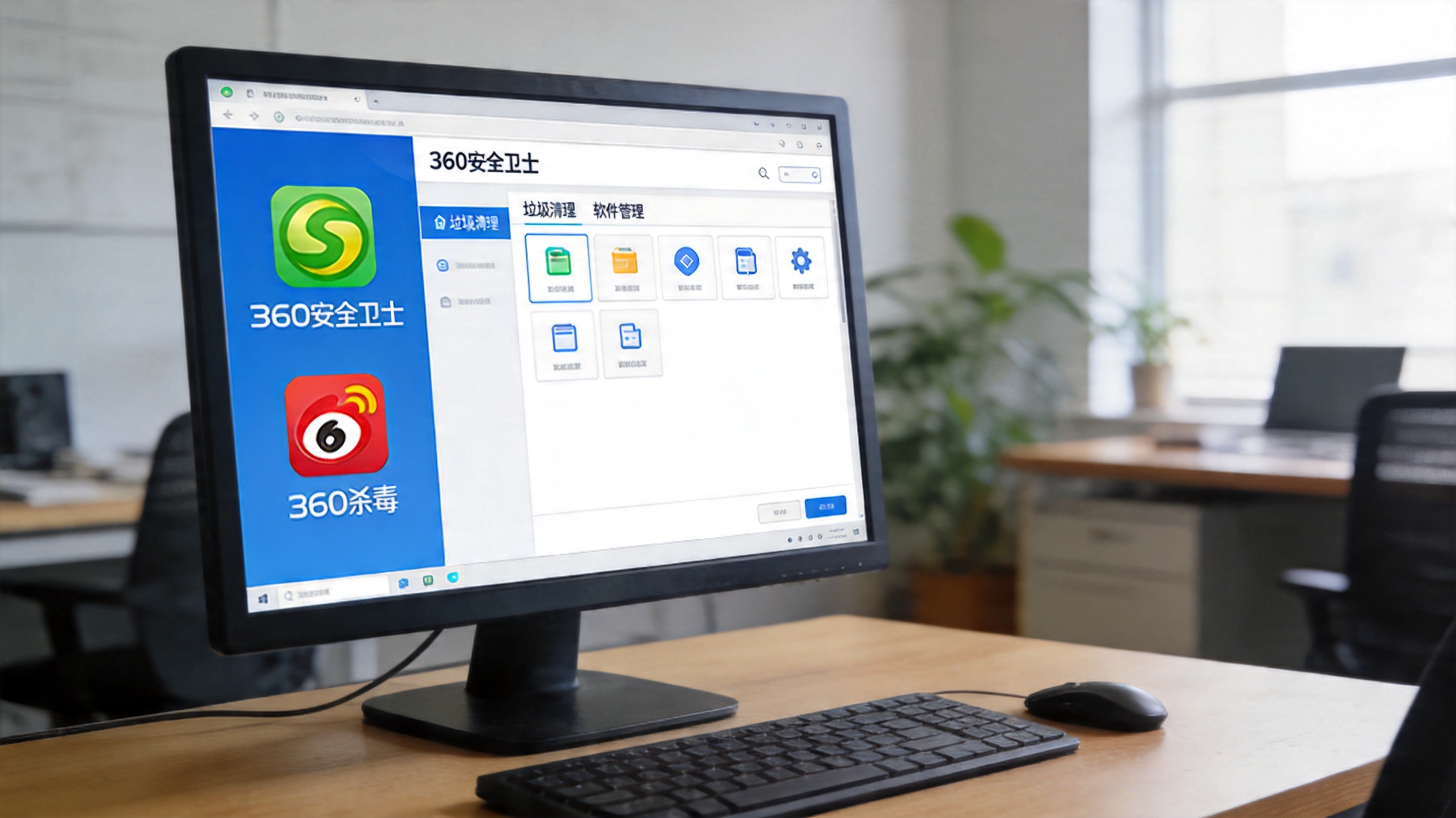 电脑桌面显示360安全卫士和360杀毒的图标，屏幕打开360安全卫士界面，能看到垃圾清理、软件管理等功能模块，室内自然光