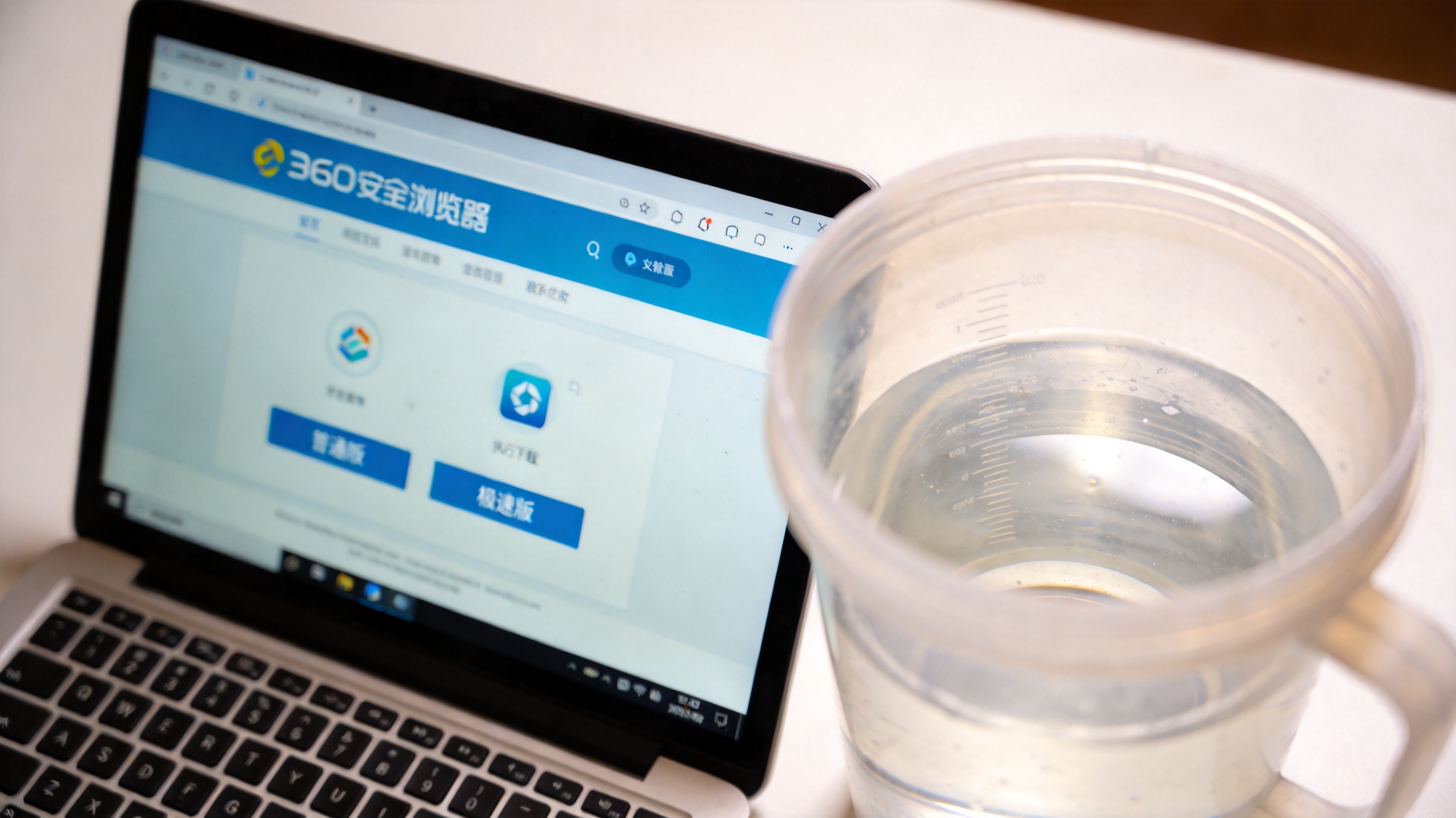 电脑桌面显示360安全浏览器官方网站页面，页面上有普通版、极速版的下载选项，桌面放着半透明塑料水杯，室内自然光