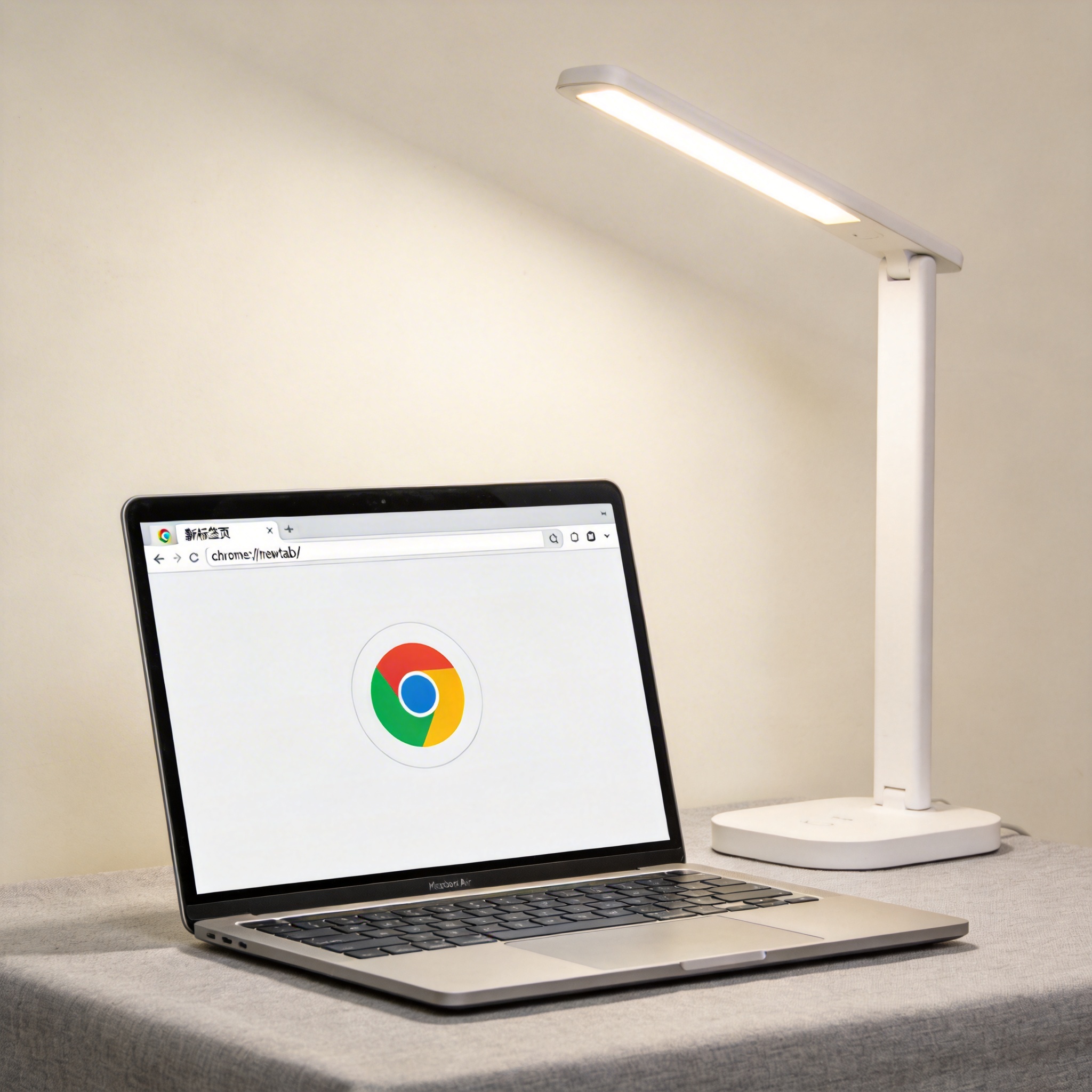 电脑桌上的电脑，屏幕显示Chrome界面，旁边放着台灯