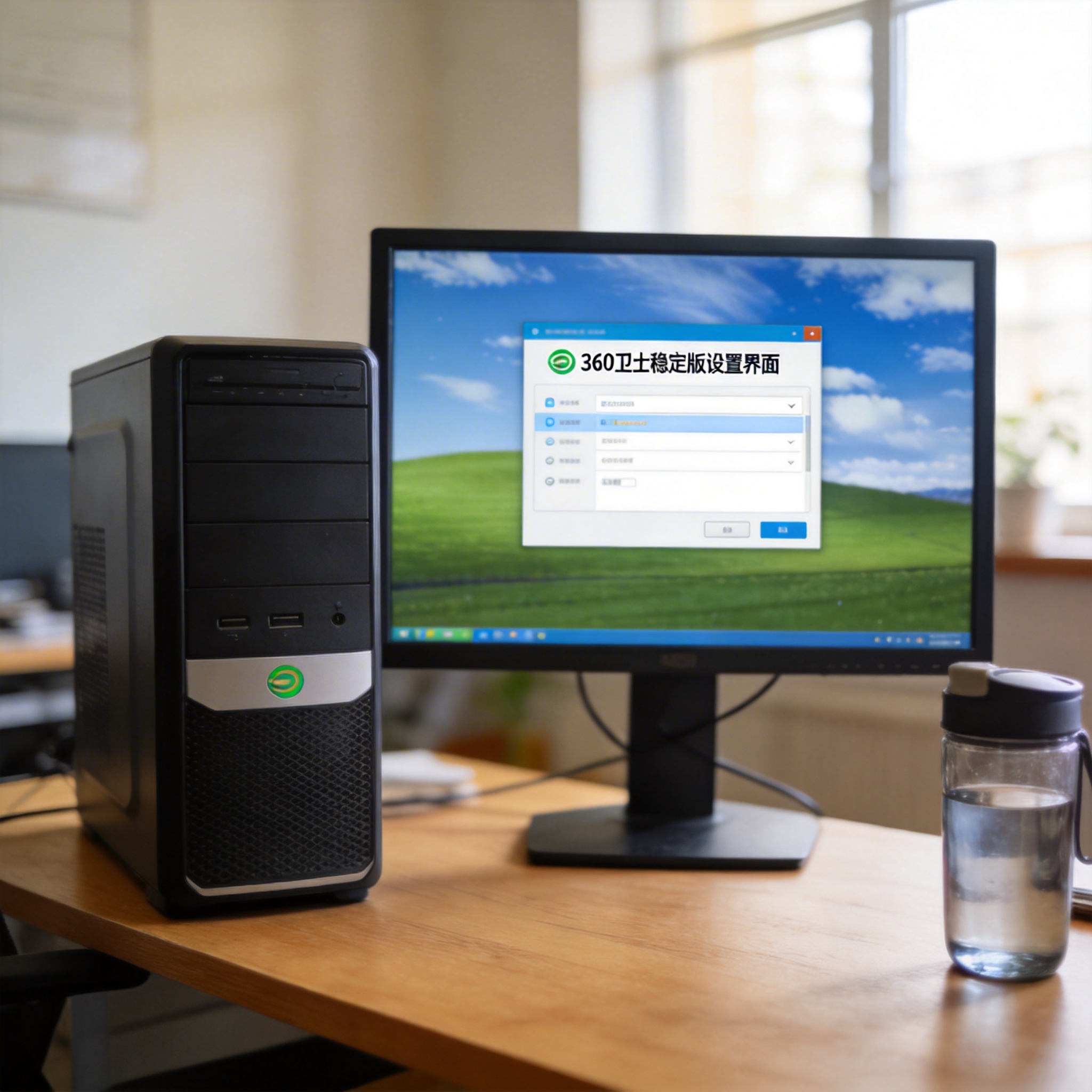 书桌上的主机，屏幕显示360 卫士稳定版设置界面，桌角放着水杯，自然光