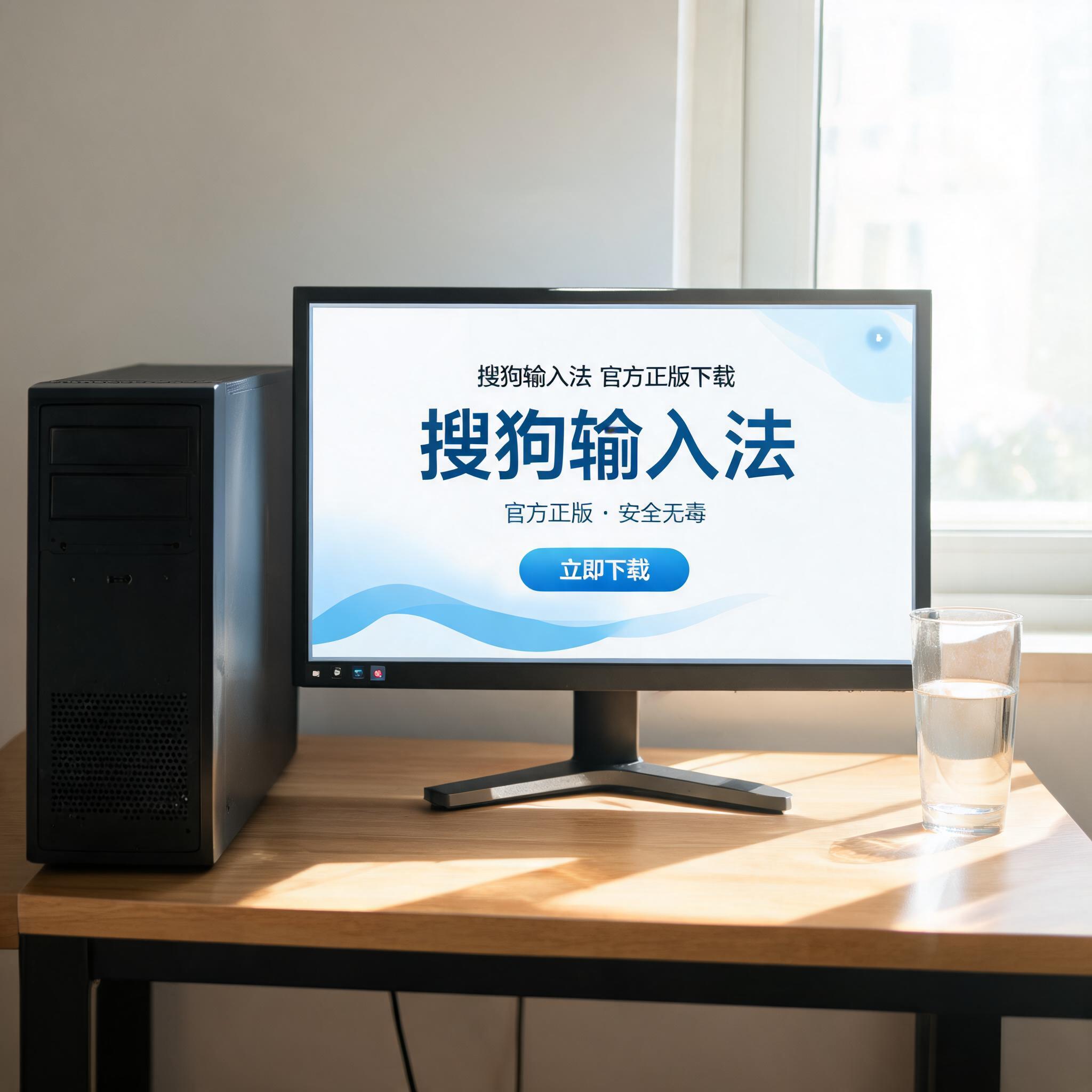 书桌上的主机，屏幕显示搜狗输入法官方正版下载设置界面，桌角放着水杯，自然光