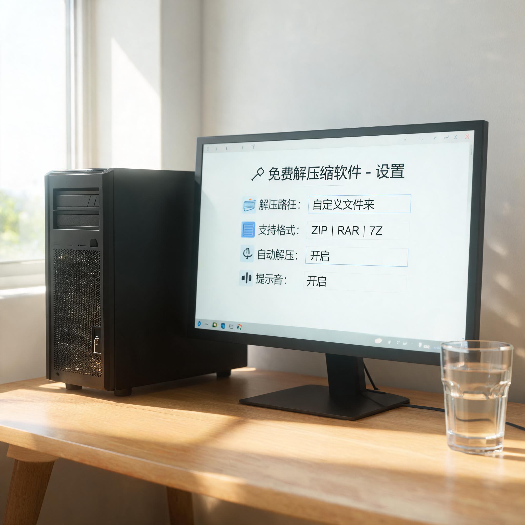 书桌上的主机，屏幕显示无广告解压缩软件免费设置界面，桌角放着水杯，自然光