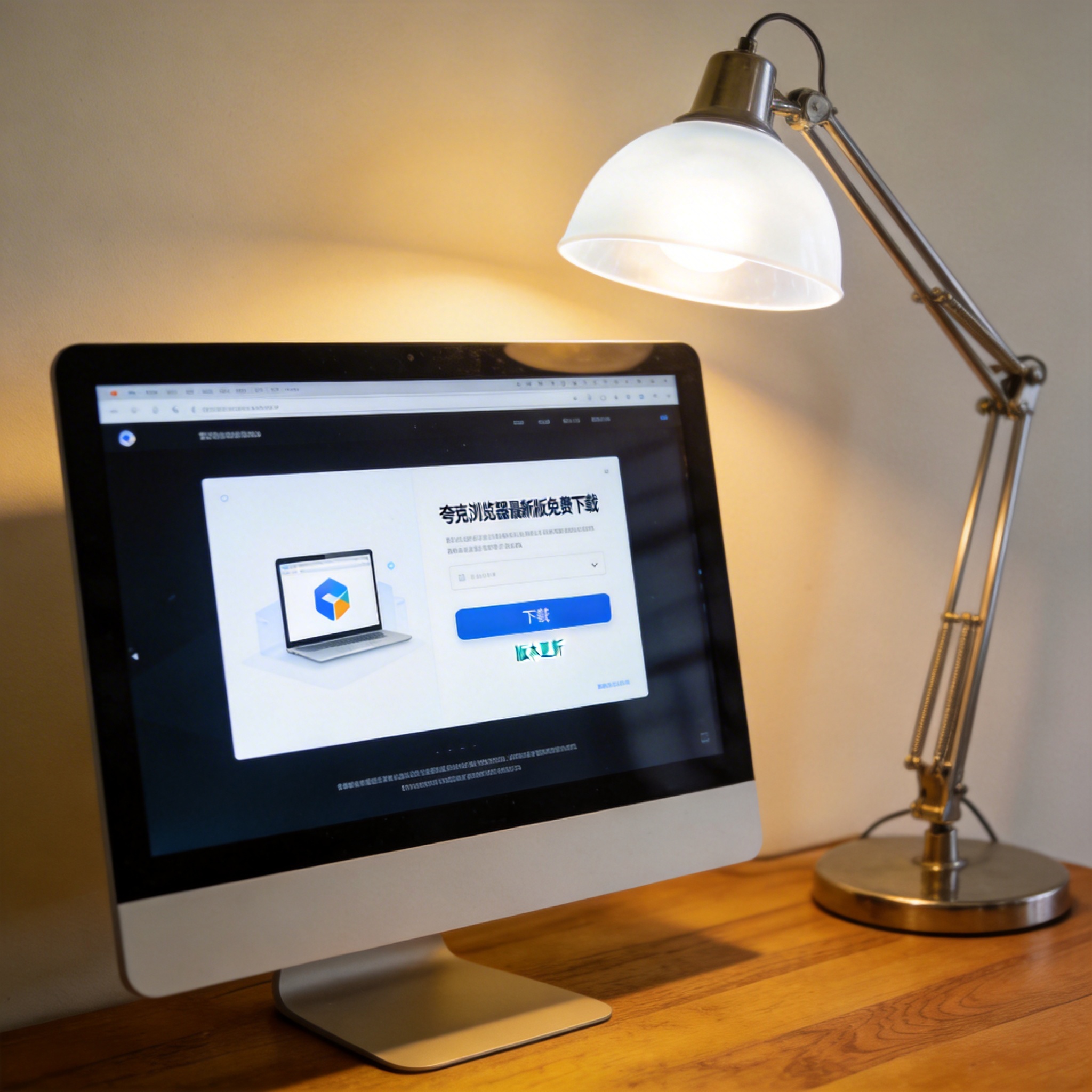 电脑桌上的电脑，屏幕显示夸克浏览器最新版免费下载界面，旁边放着台灯