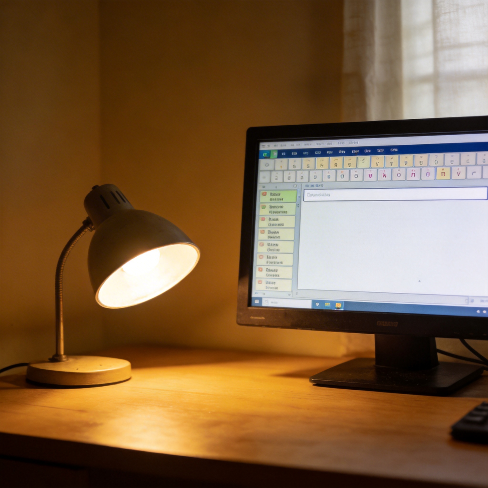 电脑桌上的电脑，屏幕显示输入法界面，旁边放着台灯