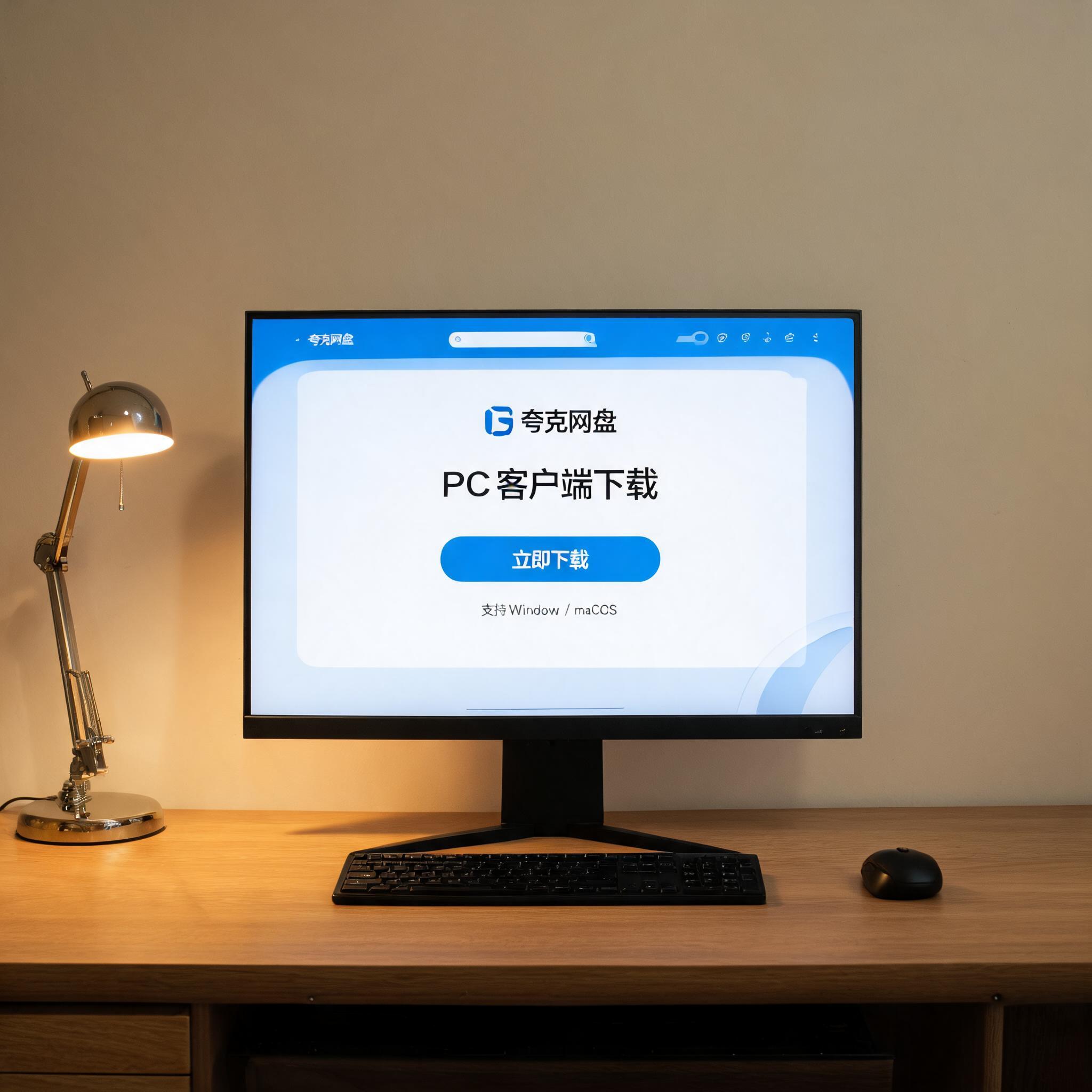 电脑桌上的电脑，屏幕显示夸克网盘 PC 客户端下载界面，旁边放着台灯