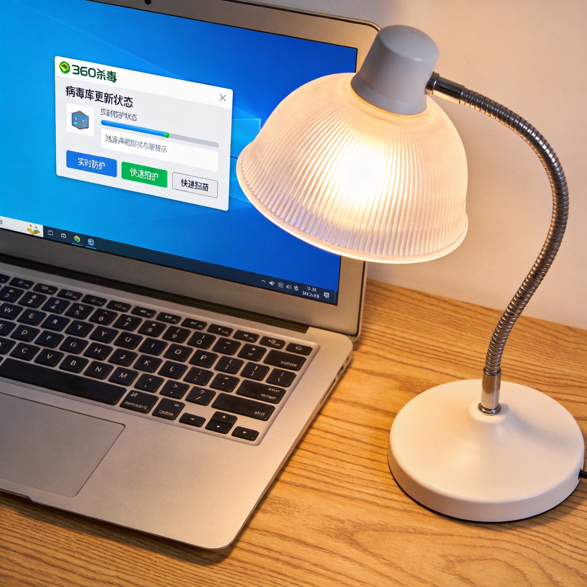 电脑桌上的电脑，屏幕显示360 杀毒电脑客户端界面，旁边放着台灯