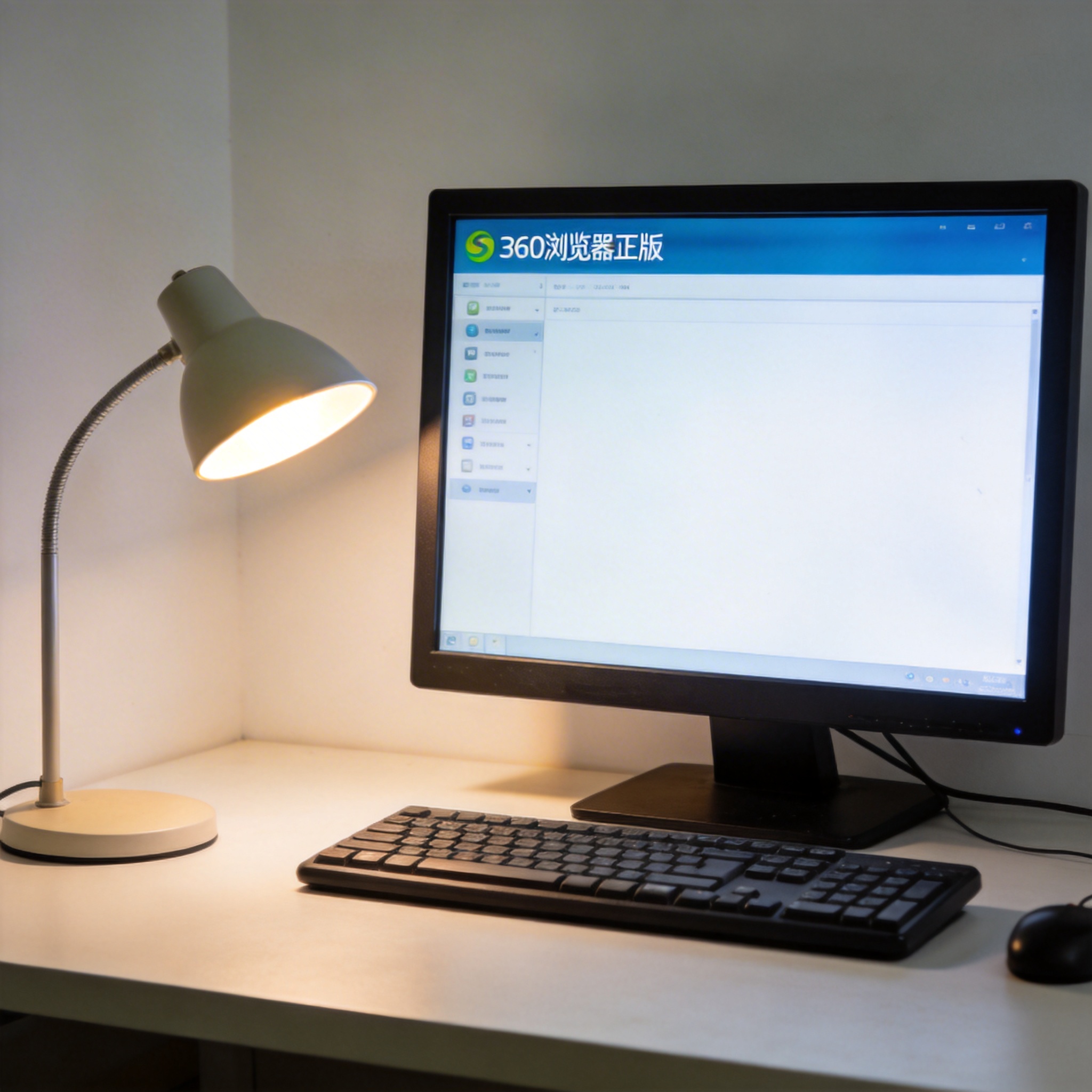 电脑桌上的电脑，屏幕显示360 浏览器正版菜单，旁边放着台灯