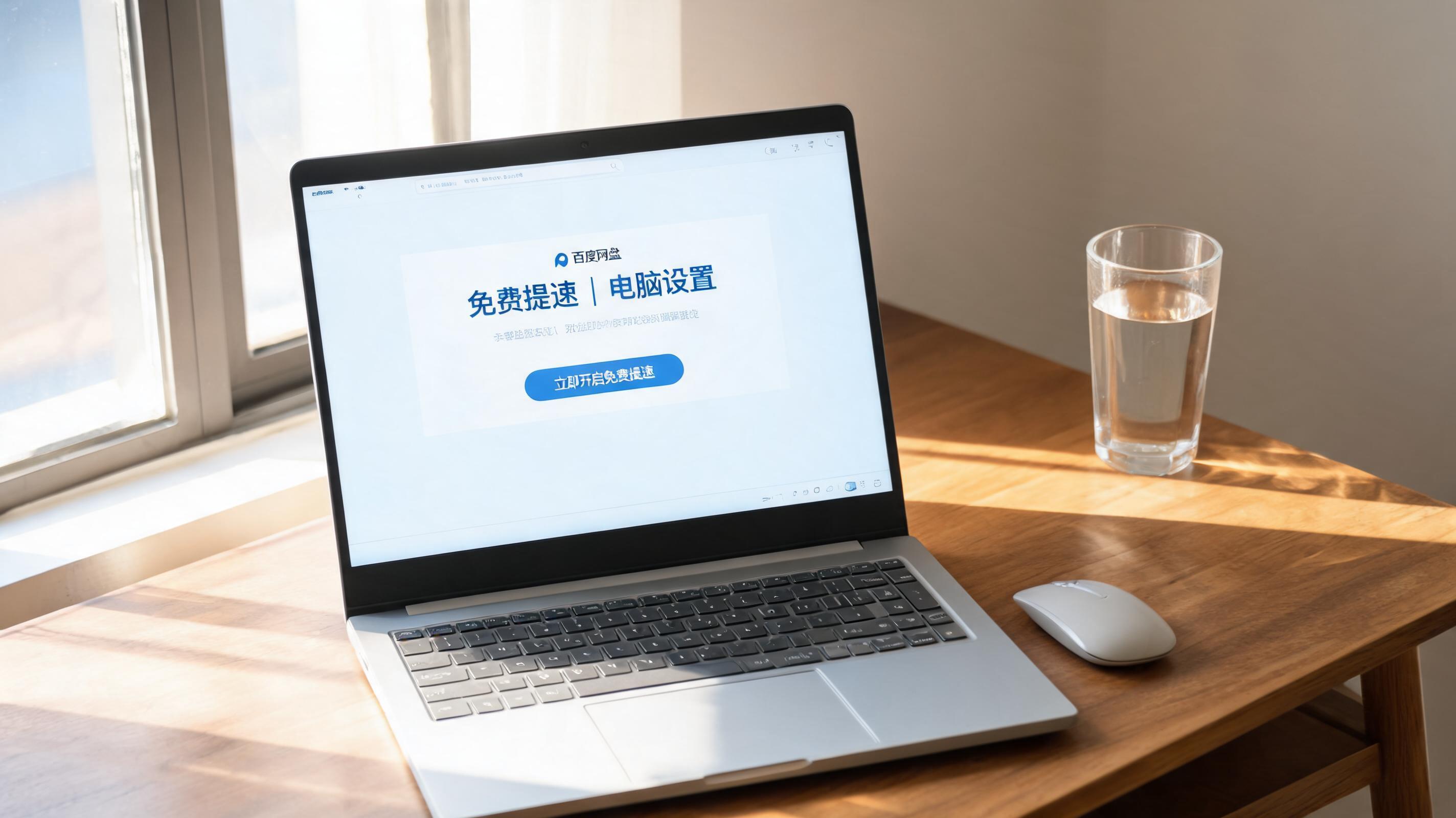 书桌上的电脑，屏幕显示百度网盘免费提速电脑设置界面，桌角放着水杯，自然光
