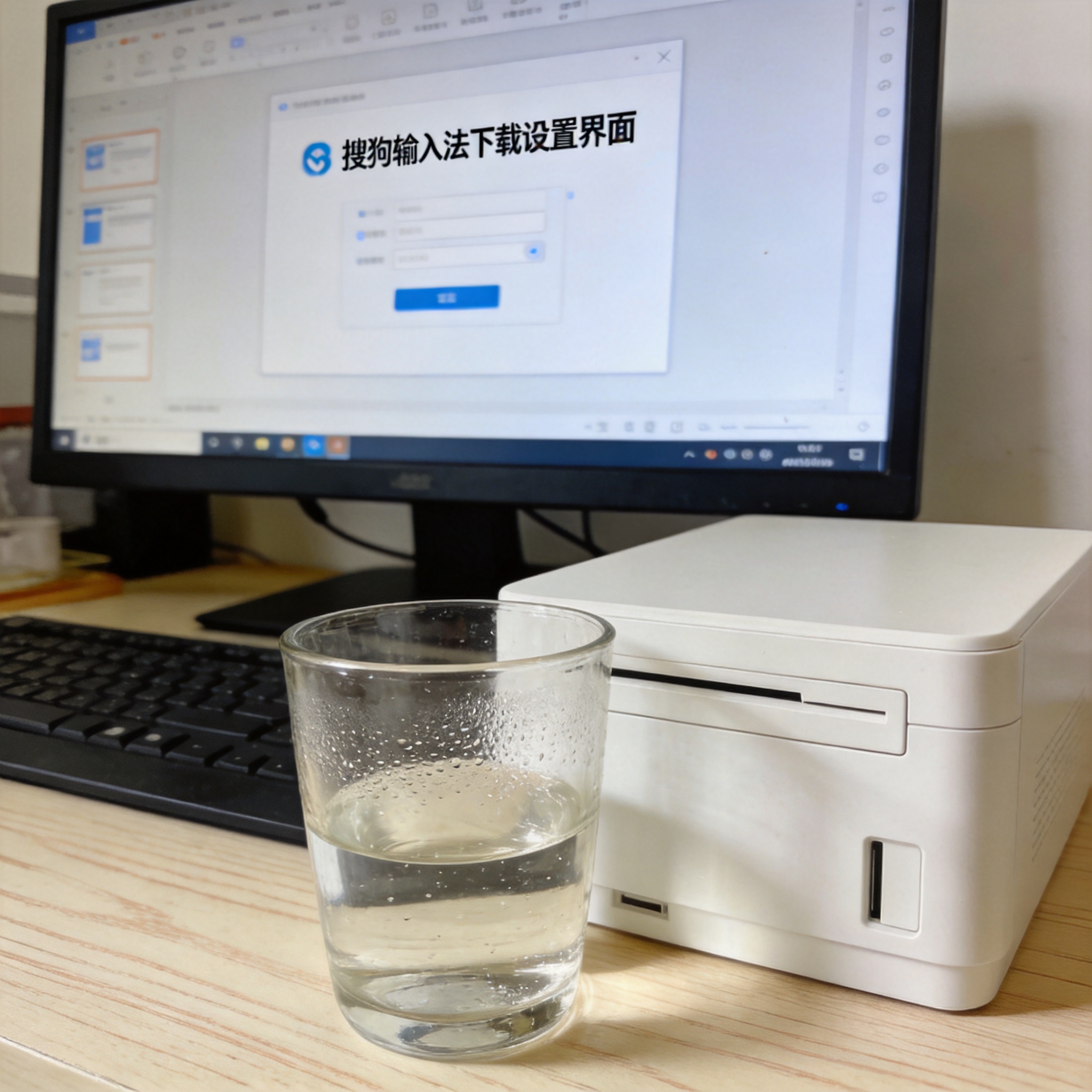 书桌上的主机，屏幕显示搜狗输入法下载设置界面，桌角放着水杯，自然光