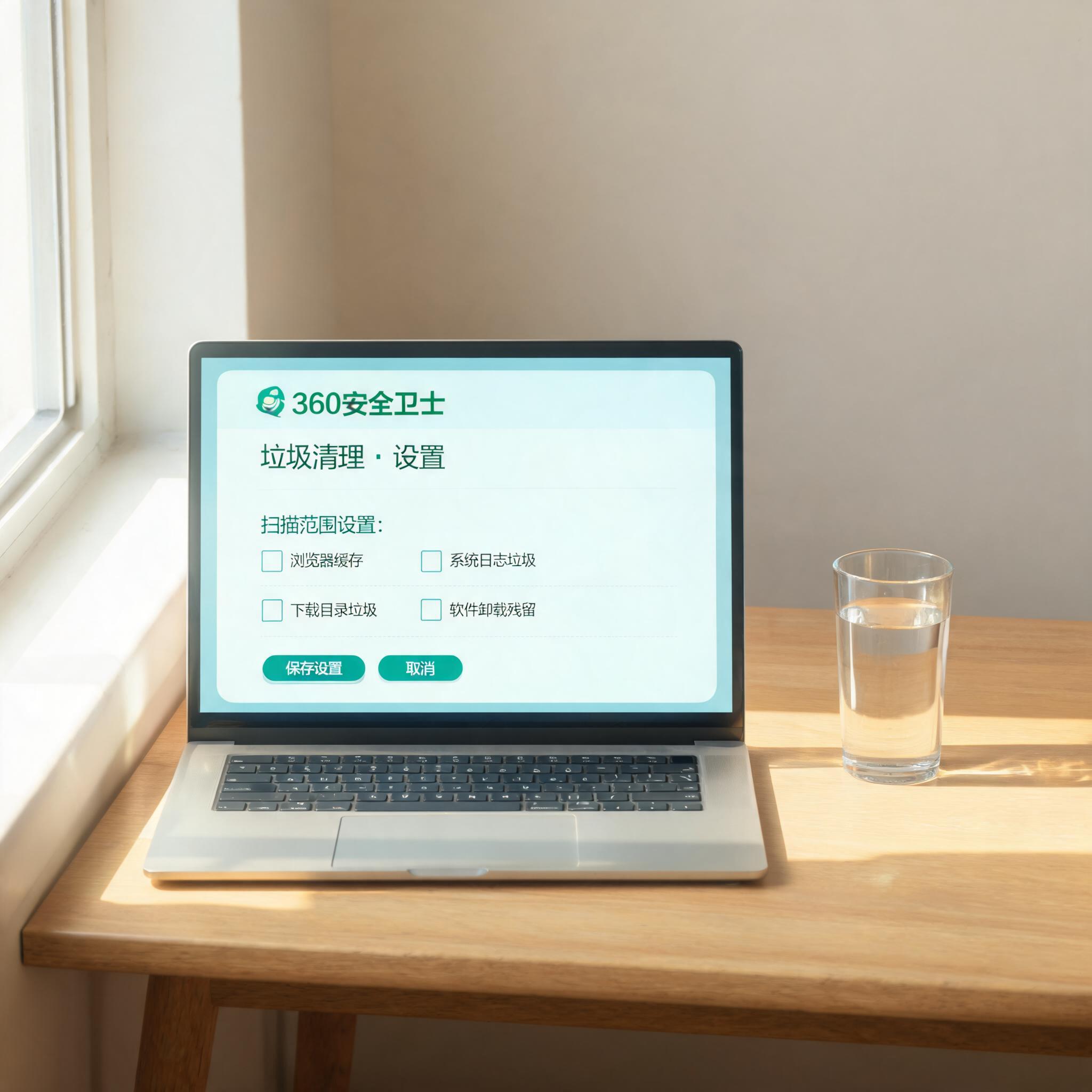 书桌上的电脑，屏幕显示360 安全卫士垃圾清理设置界面，桌角放着水杯，自然光