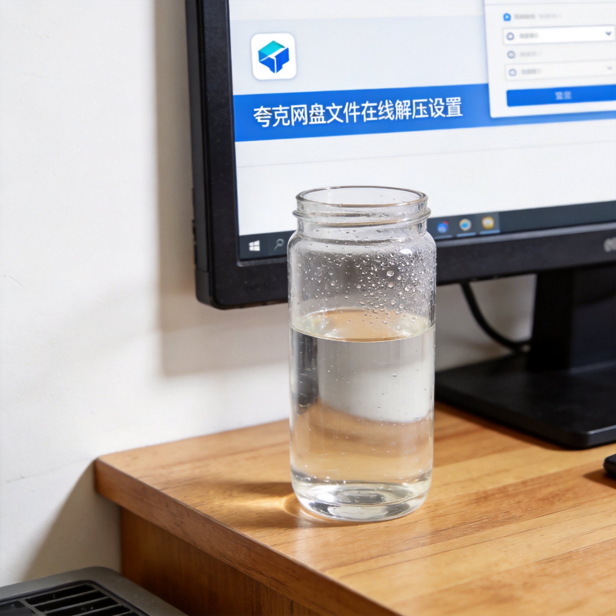 书桌上的主机，屏幕显示夸克网盘文件在线解压设置界面，桌角放着水杯，自然光