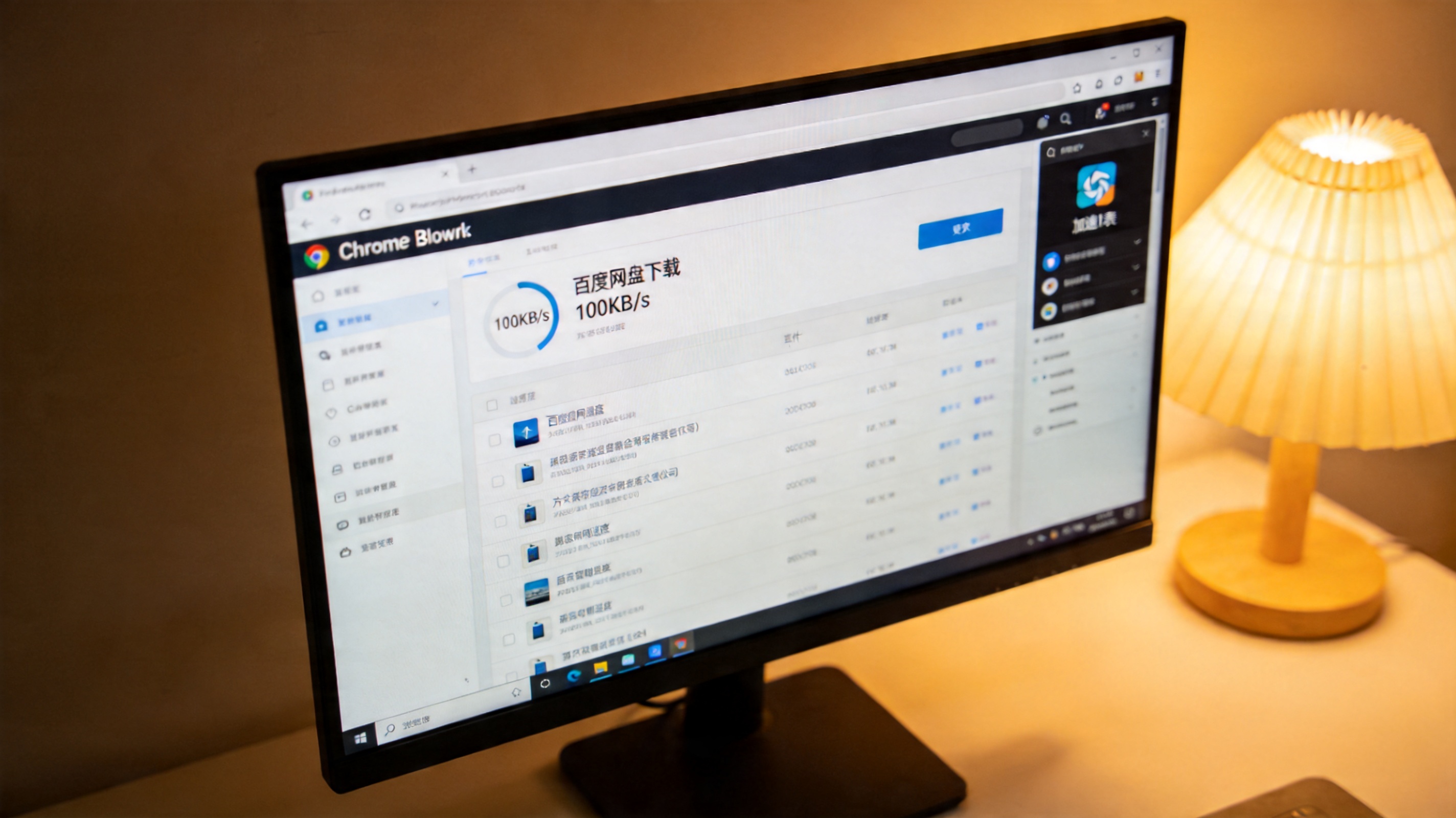 台式电脑的Chrome浏览器界面，百度网盘下载列表里的文件速度显示100KB/s，旁边的插件栏里有加速插件图标，台灯暖光