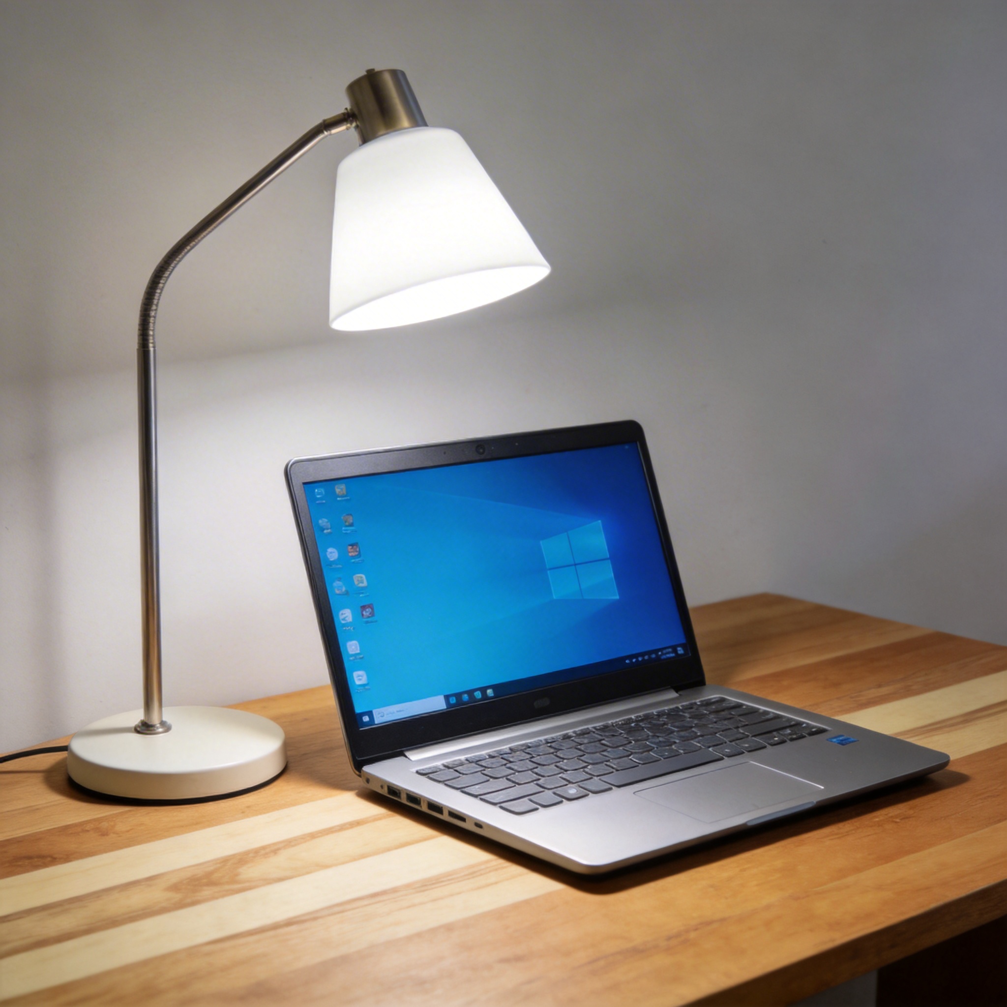 电脑桌上的电脑，屏幕显示Windows界面，旁边放着台灯