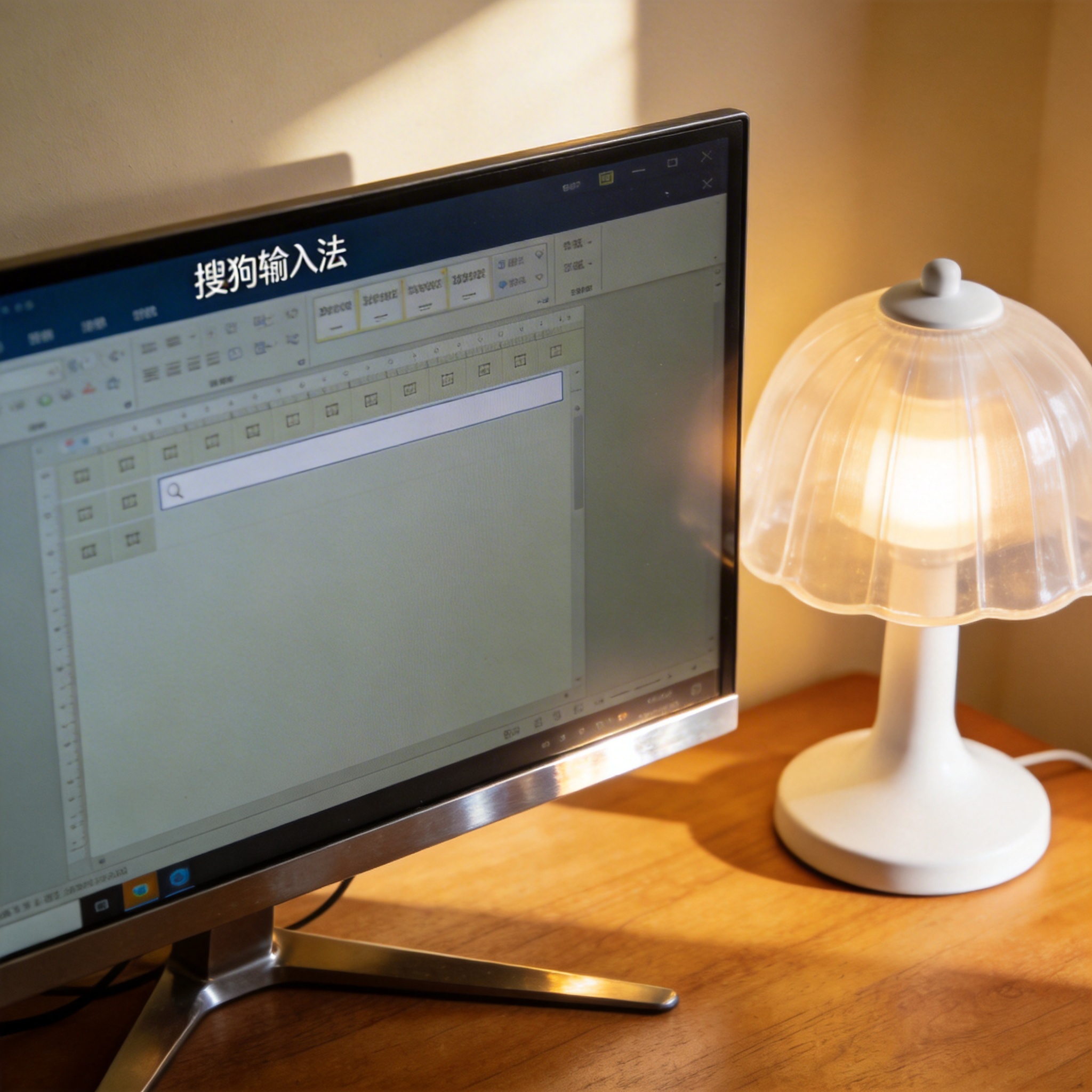电脑桌上的电脑，屏幕显示搜狗输入法界面，旁边放着台灯