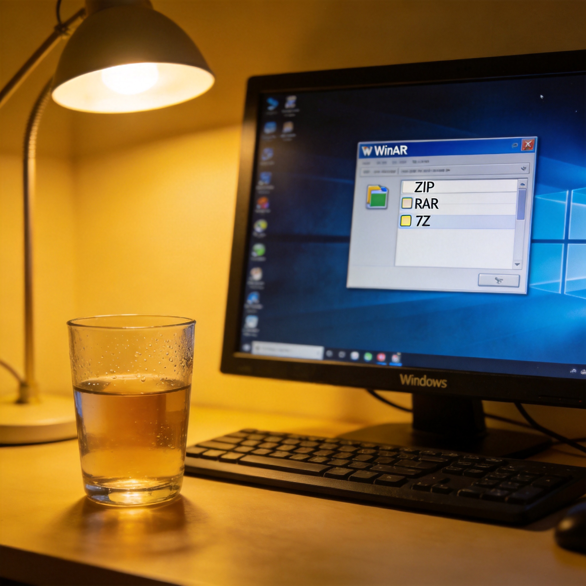 桌面的Windows系统电脑，屏幕弹出WinRAR压缩设置窗口，显示可选ZIP、RAR、7Z格式，旁边放着半杯温水，台灯暖光