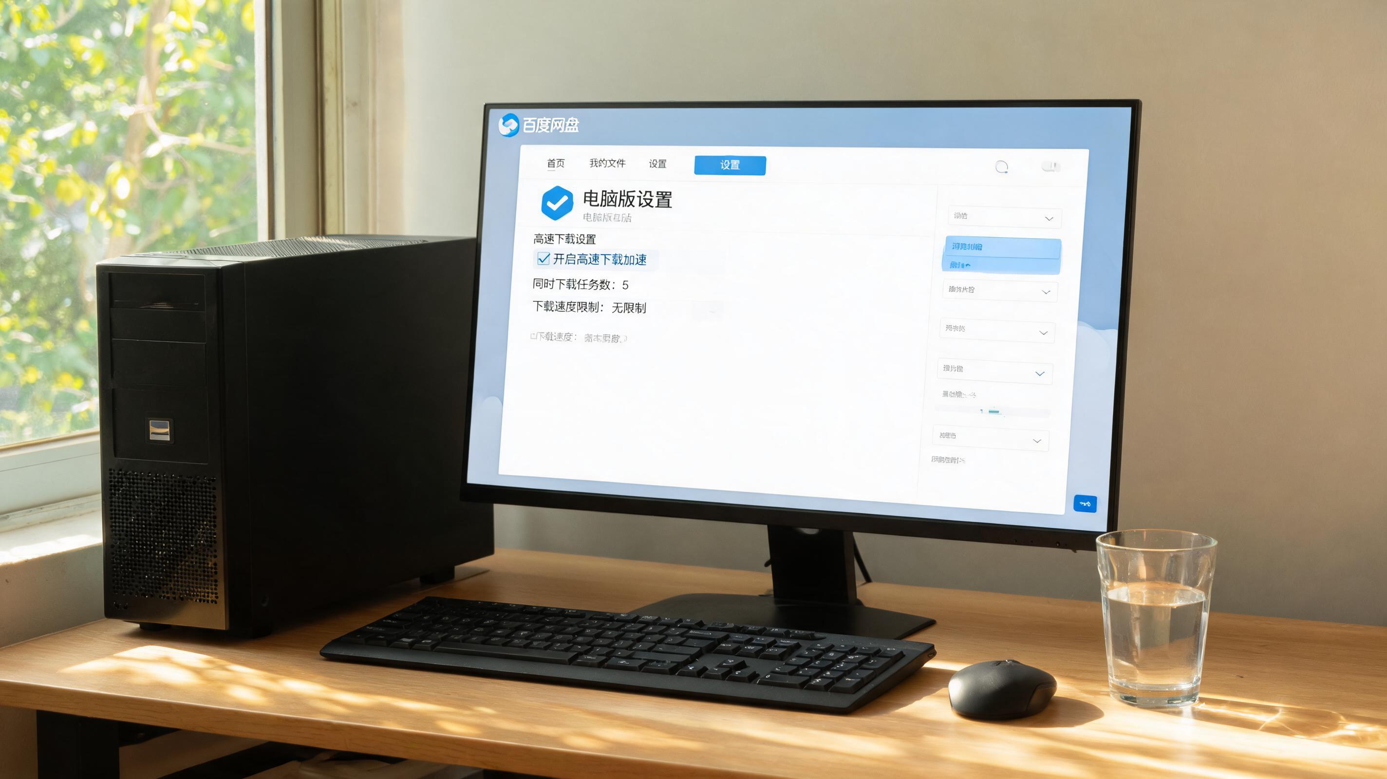 书桌上的主机，屏幕显示百度网盘高速下载电脑版设置界面，桌角放着水杯，自然光