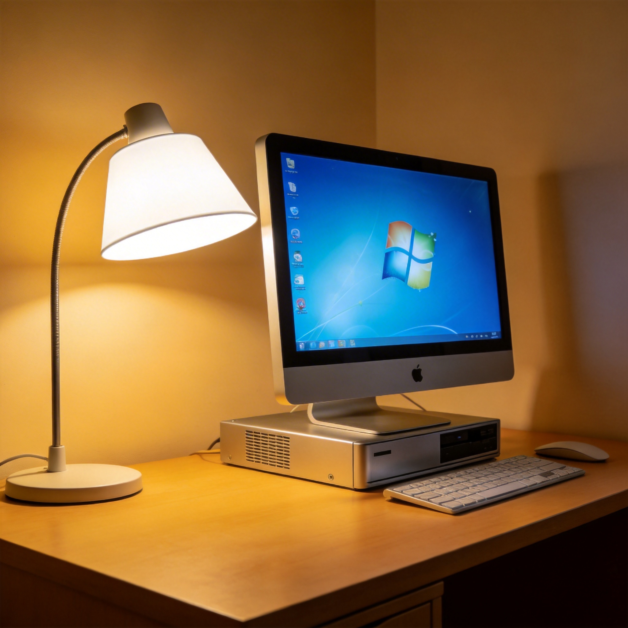 电脑桌上的电脑，屏幕显示Windows界面，旁边放着台灯