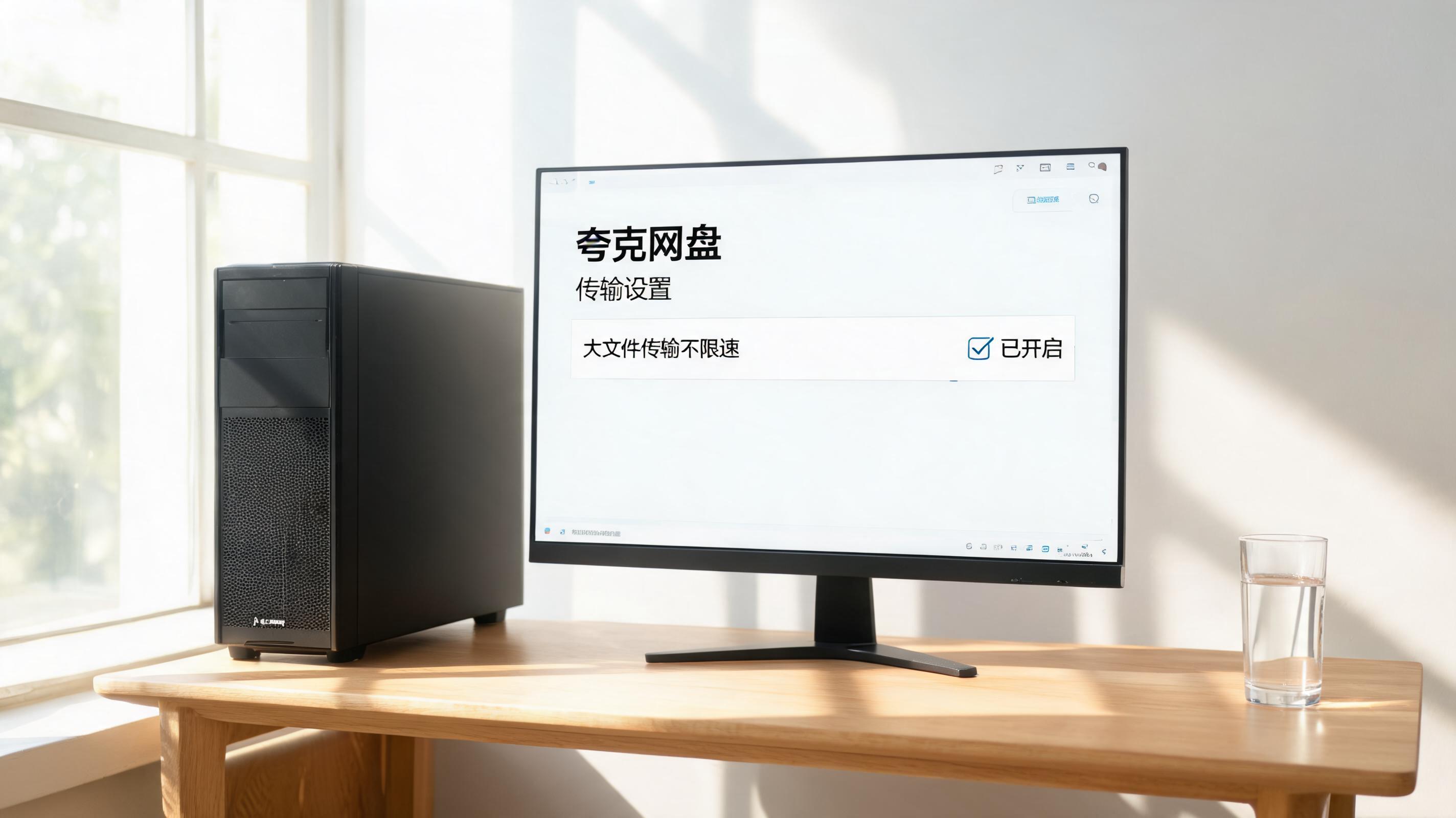 书桌上的主机，屏幕显示夸克网盘大文件传输不限速设置界面，桌角放着水杯，自然光