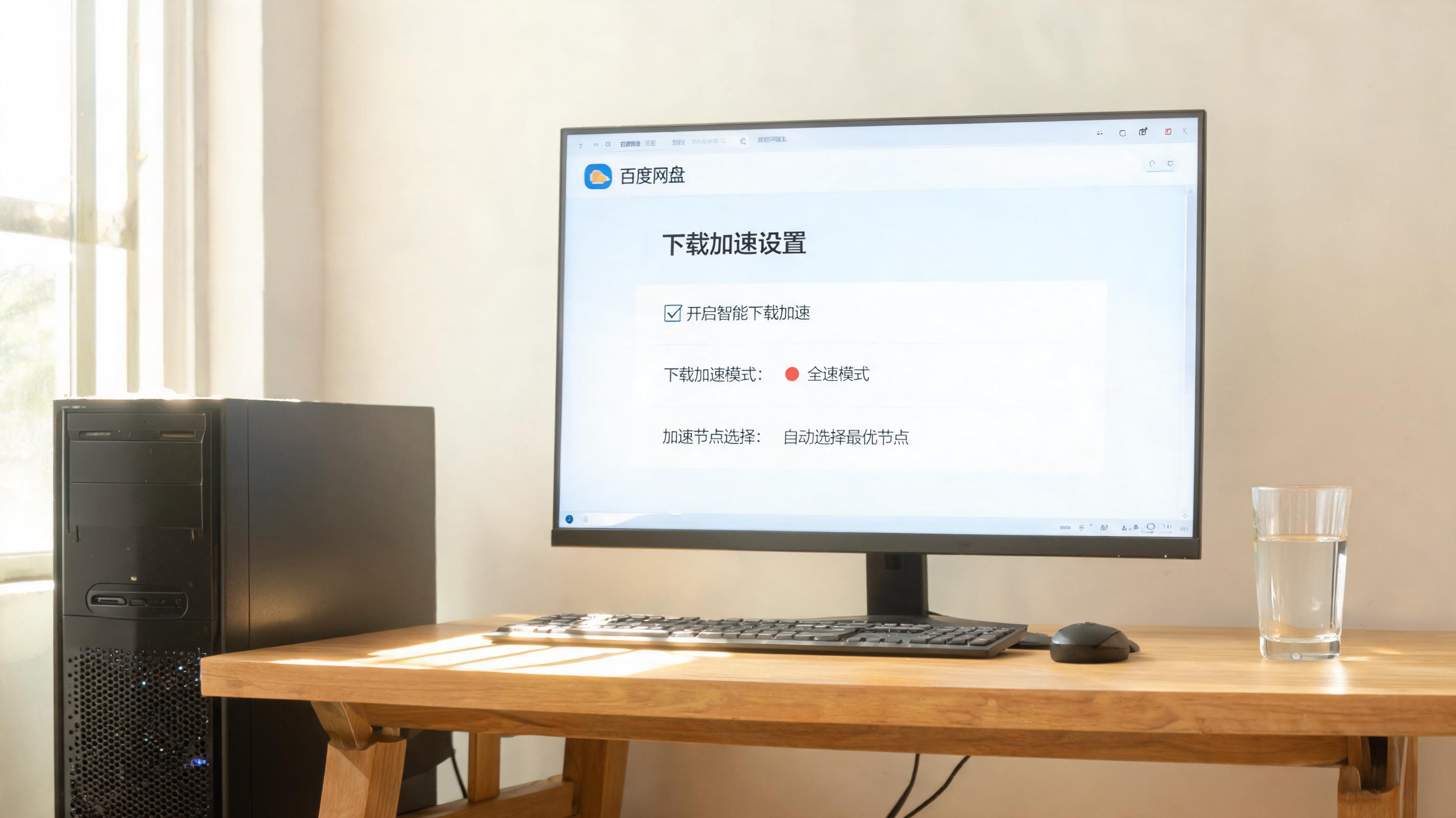 书桌上的主机，屏幕显示百度网盘下载加速怎么设置设置界面，桌角放着水杯，自然光