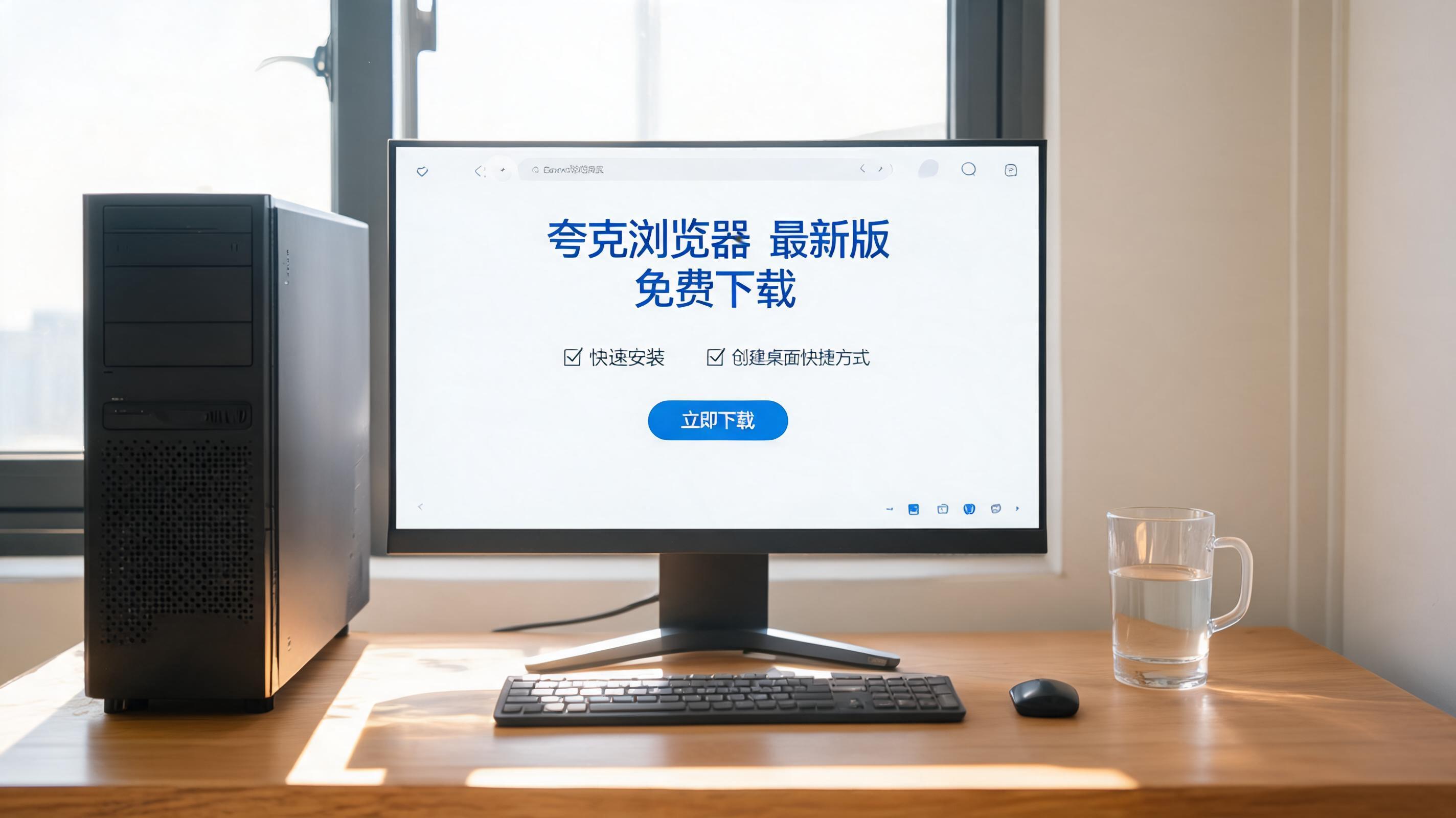 书桌上的主机，屏幕显示夸克浏览器最新版免费下载设置界面，桌角放着水杯，自然光