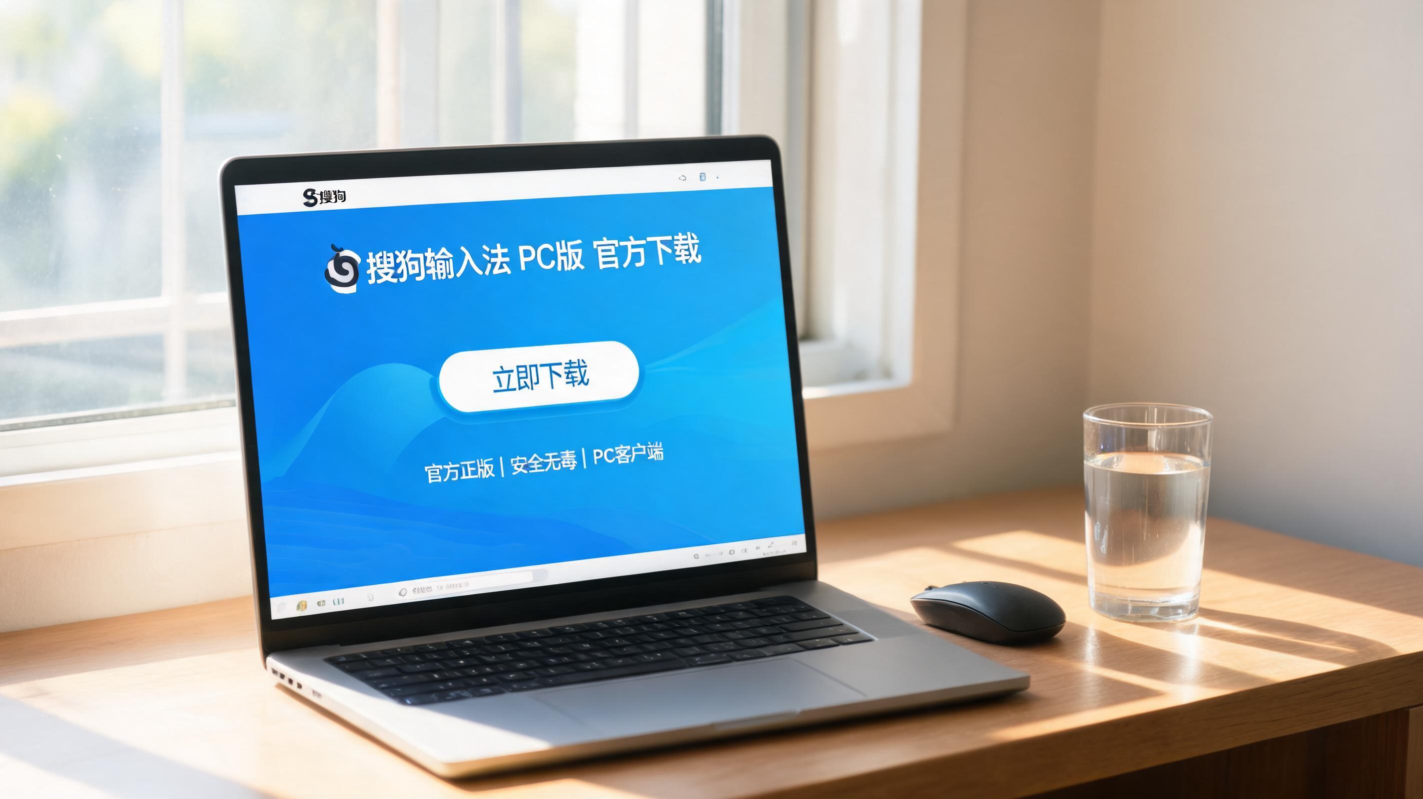 书桌上的电脑，屏幕显示PC 端搜狗输入法官方下载设置界面，桌角放着水杯，自然光