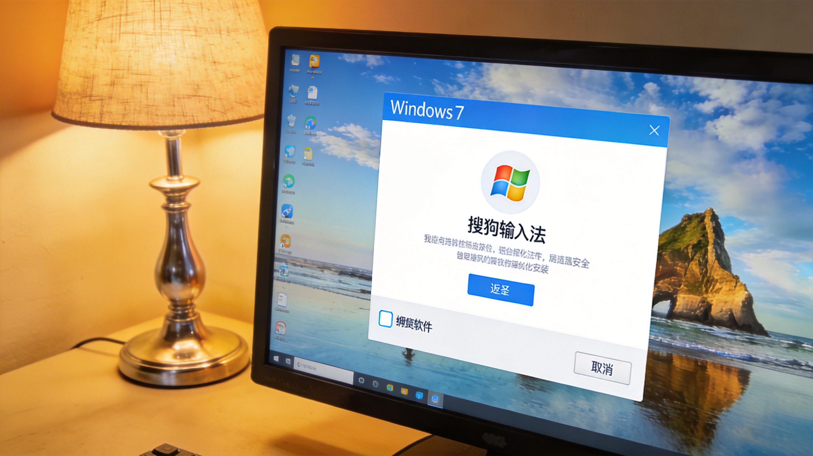 Windows 7系统的电脑屏幕，显示搜狗输入法安装界面，页面下方的捆绑软件勾选框已取消，桌面角落有台灯，暖光照明