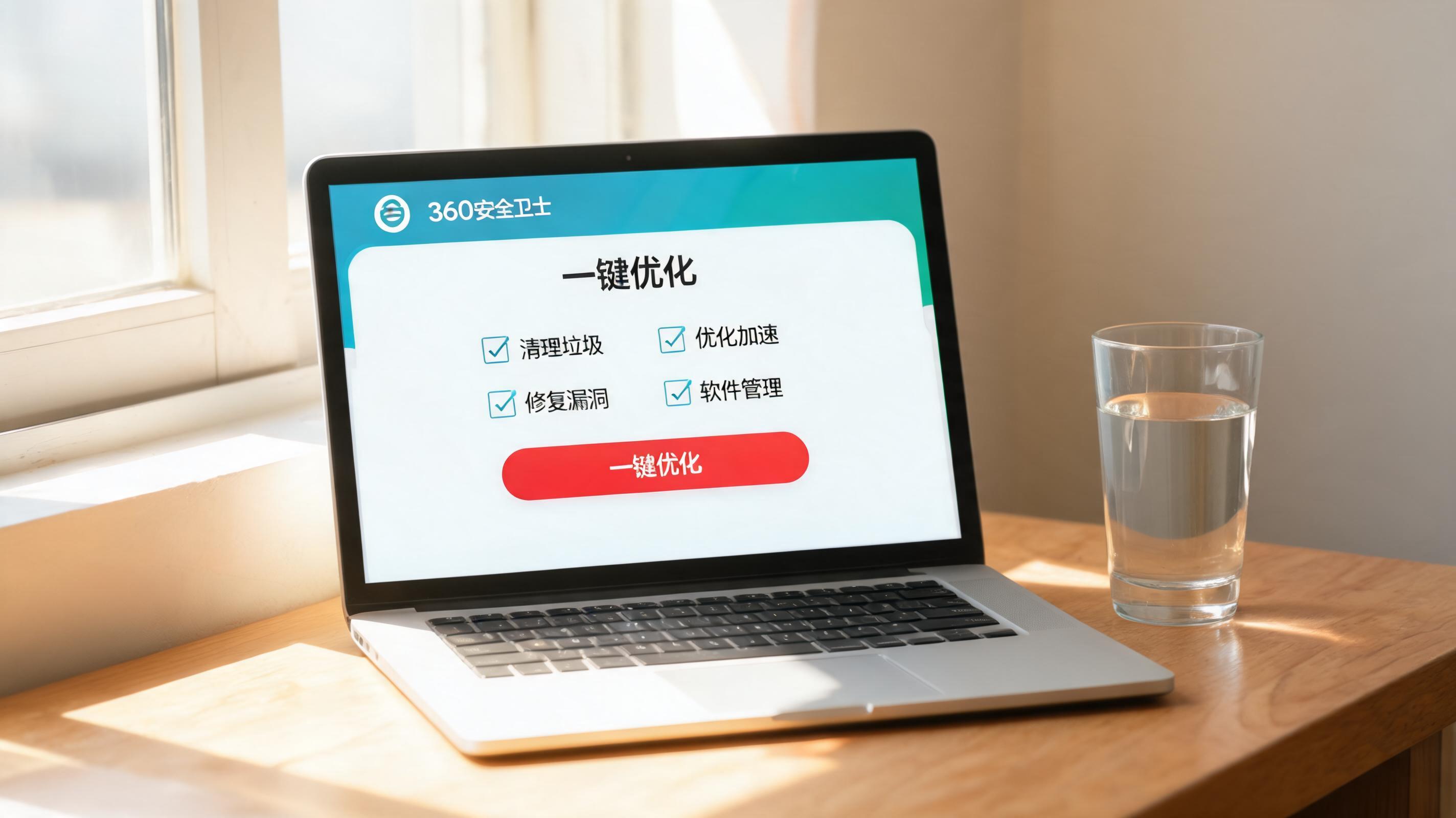 书桌上的笔记本，屏幕显示360 卫士一键优化功能设置界面，桌角放着水杯，自然光