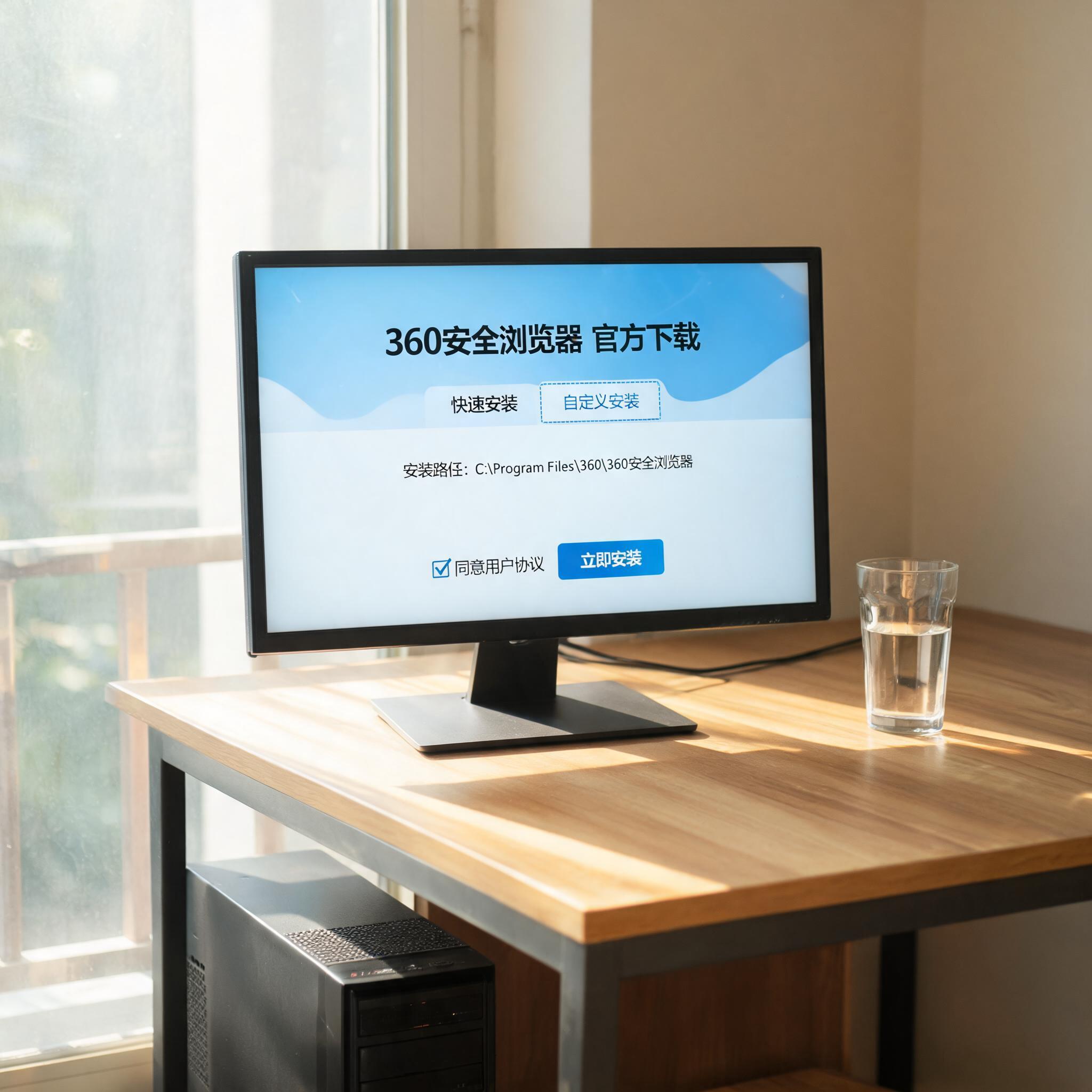 书桌上的主机，屏幕显示360 安全浏览器官方下载设置界面，桌角放着水杯，自然光