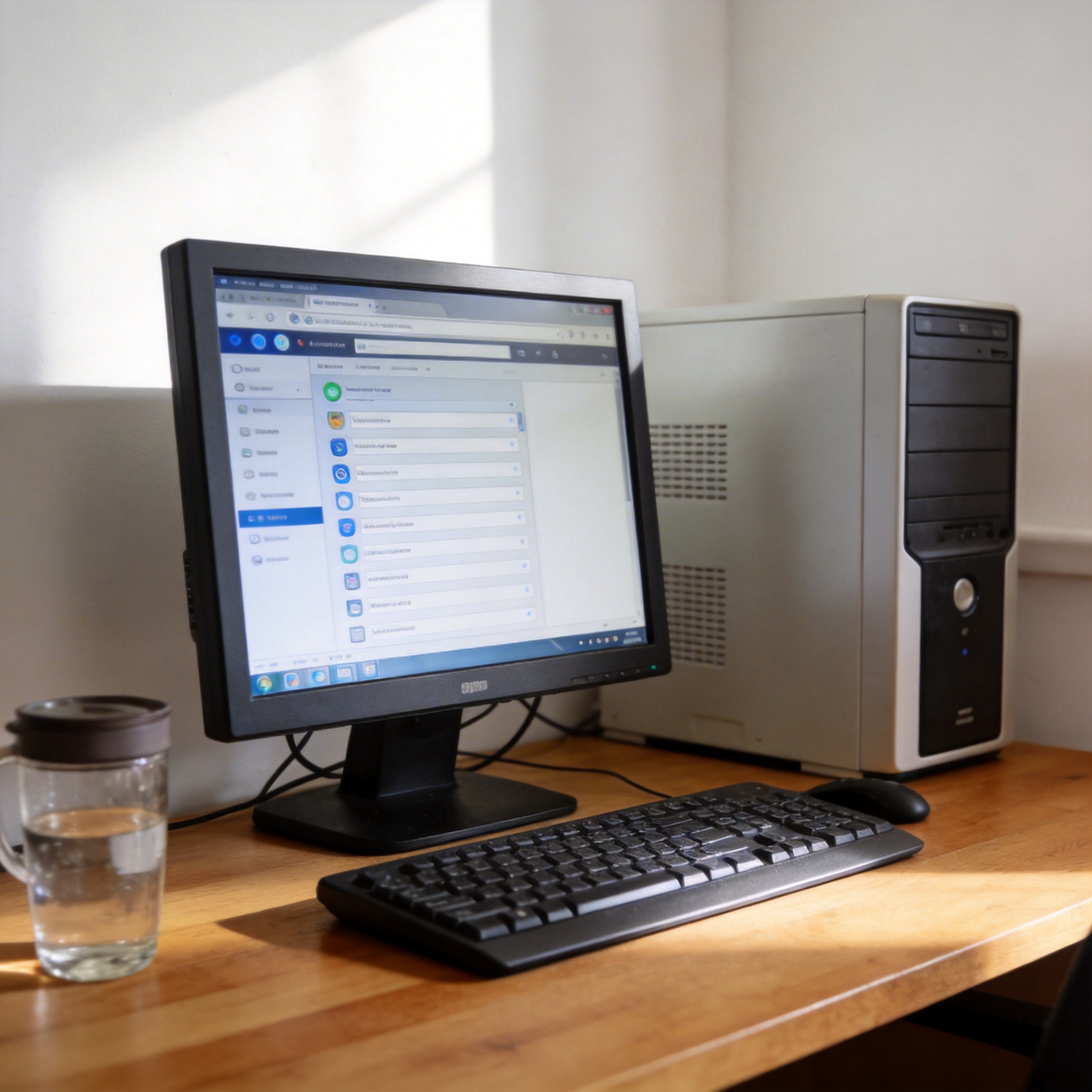 书桌上的主机，屏幕显示浏览器设置界面，桌角放着水杯，自然光