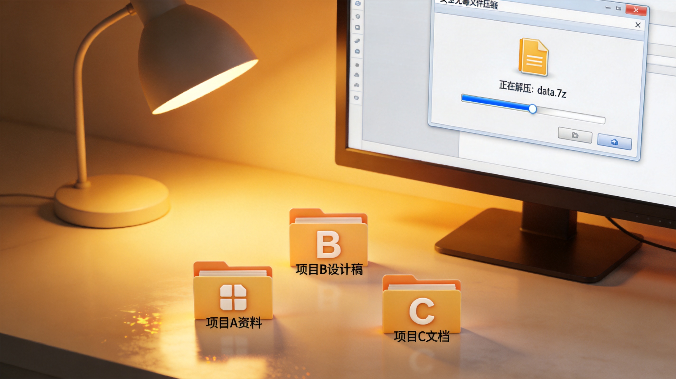 电脑屏幕显示安全无毒文件压缩软件界面，正在解压7Z格式压缩包，桌面散落着几个项目文件夹，台灯暖光